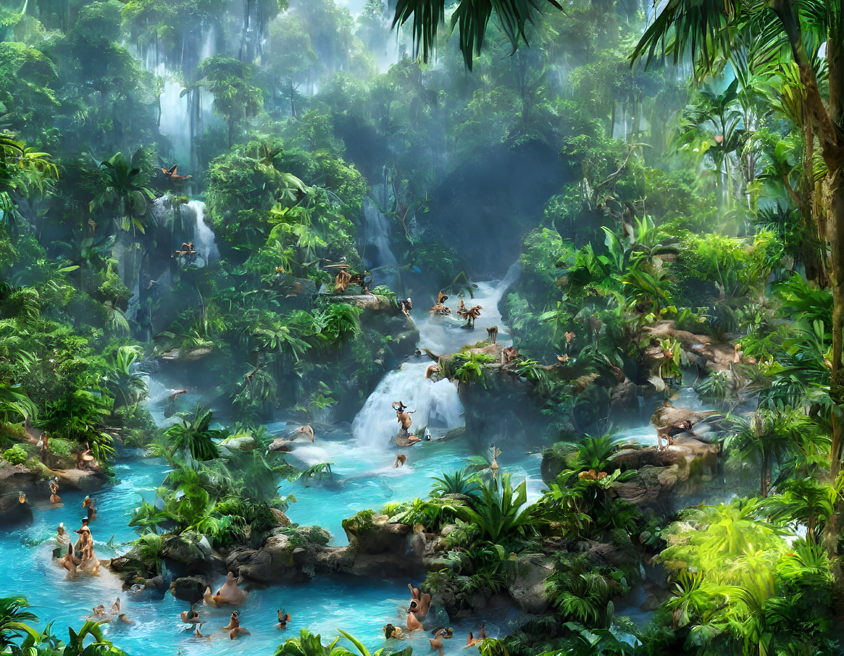 Tropical forest river scene with waterfalls and swimmers amid lush greenery