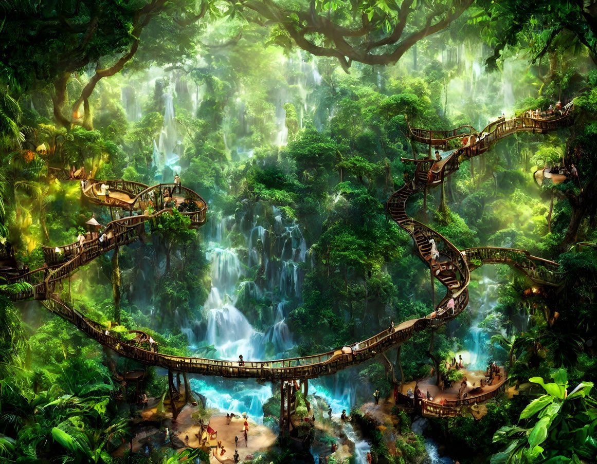 Enchanted forest digital artwork with wooden footbridge