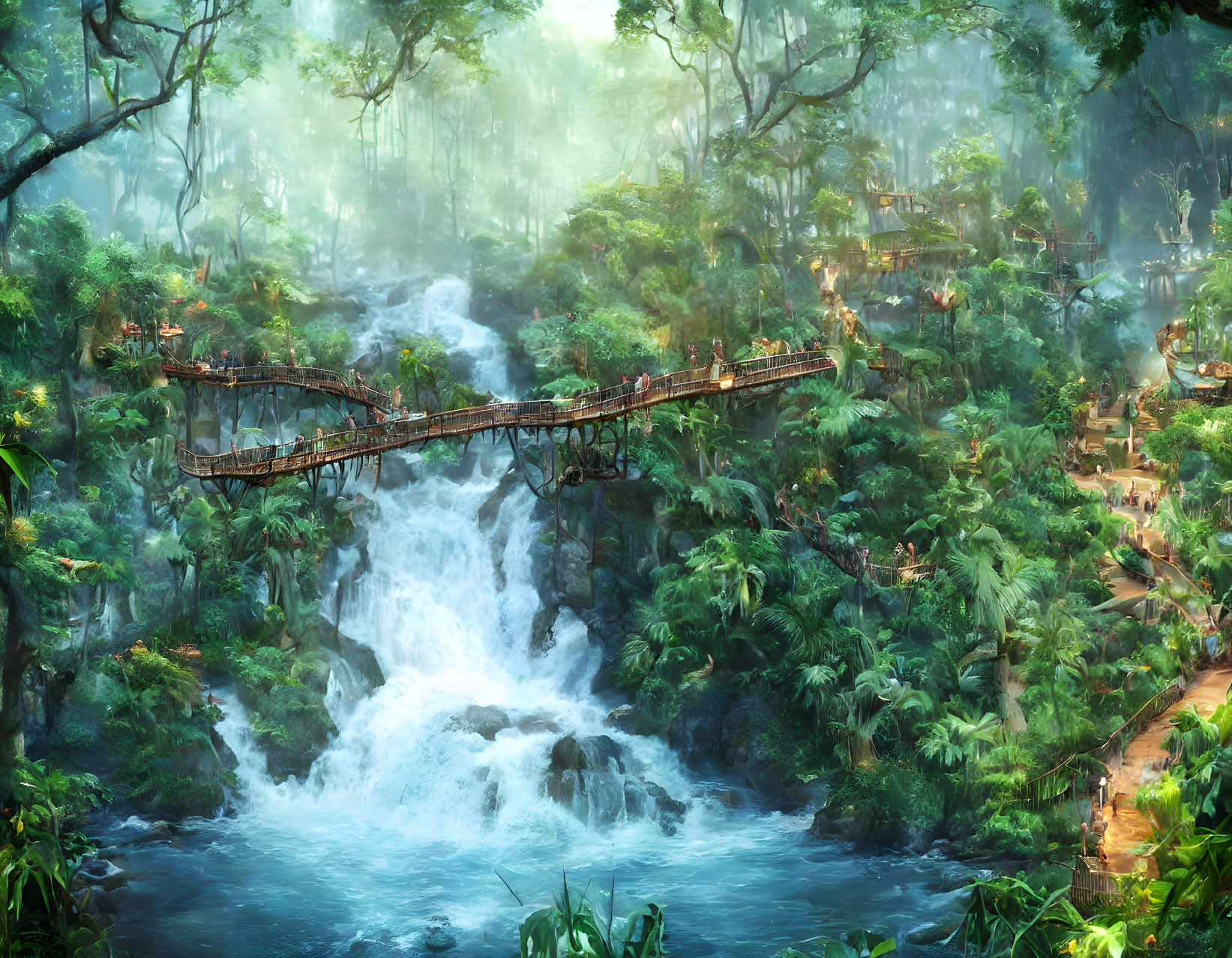 Tranquil fantasy jungle with waterfall, wooden bridge, lush foliage