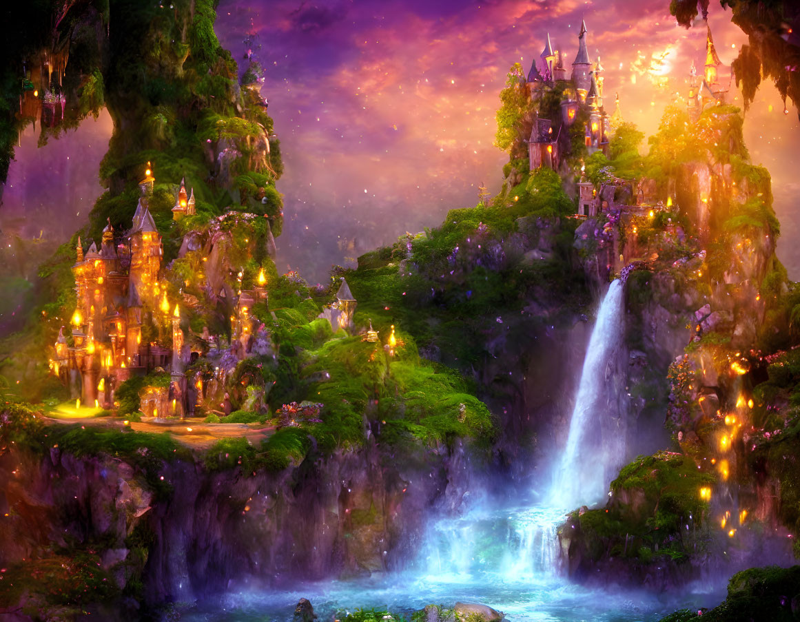 Mystical fantasy landscape with illuminated castle, lush cliffs, waterfalls, radiant flora under starlit