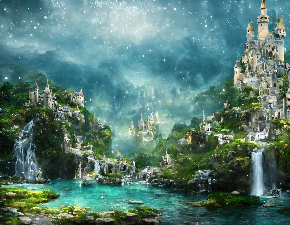 Majestic castle in fantastical landscape with waterfalls