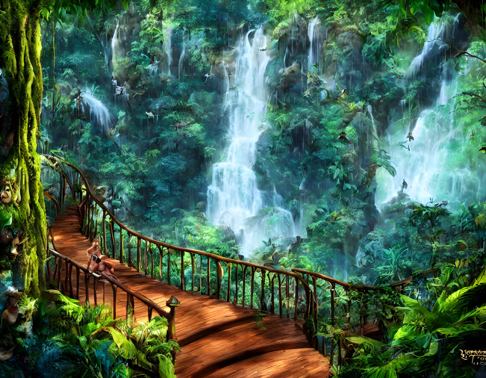 Tranquil forest scene with wooden walkway and lush waterfall