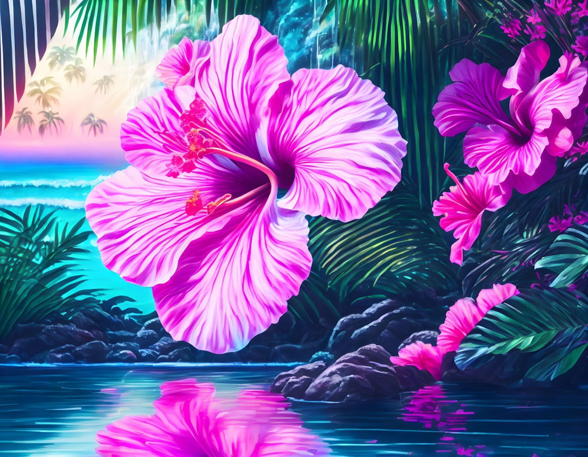 Vibrant pink hibiscus flower on tranquil tropical beach at twilight