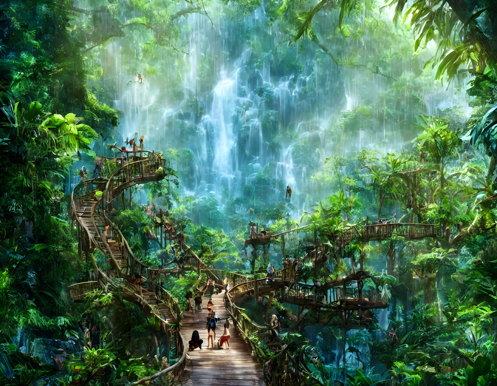 Serene forest with waterfall, footbridges, and lush greenery ambiance.