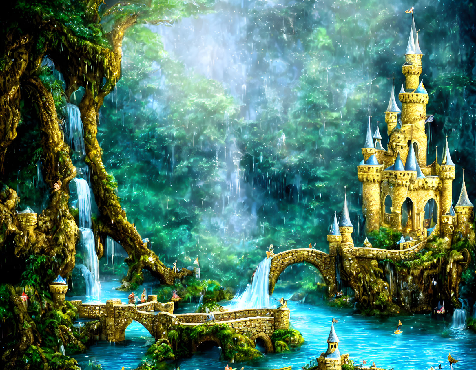 Enchanting fairytale castle in lush forest with waterfalls and stone bridge