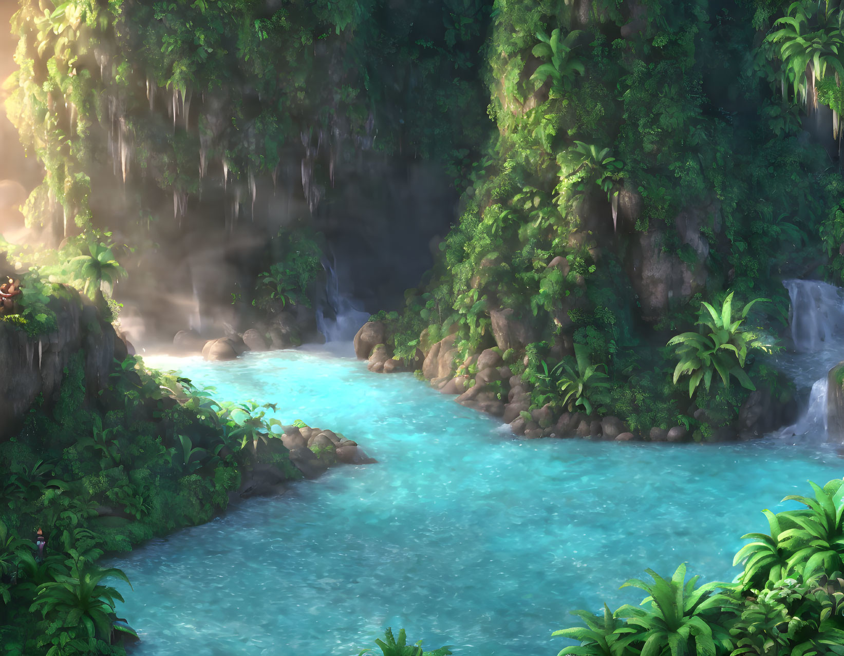 Tranquil Tropical Landscape with Waterfalls and River