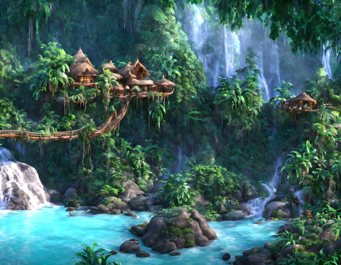 Forest landscape with waterfalls, turquoise river, rocks, and wooden huts on rope bridges