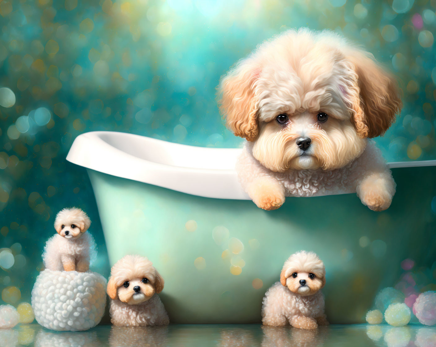 Adorable beige puppy in bathtub with toy replicas on bokeh background