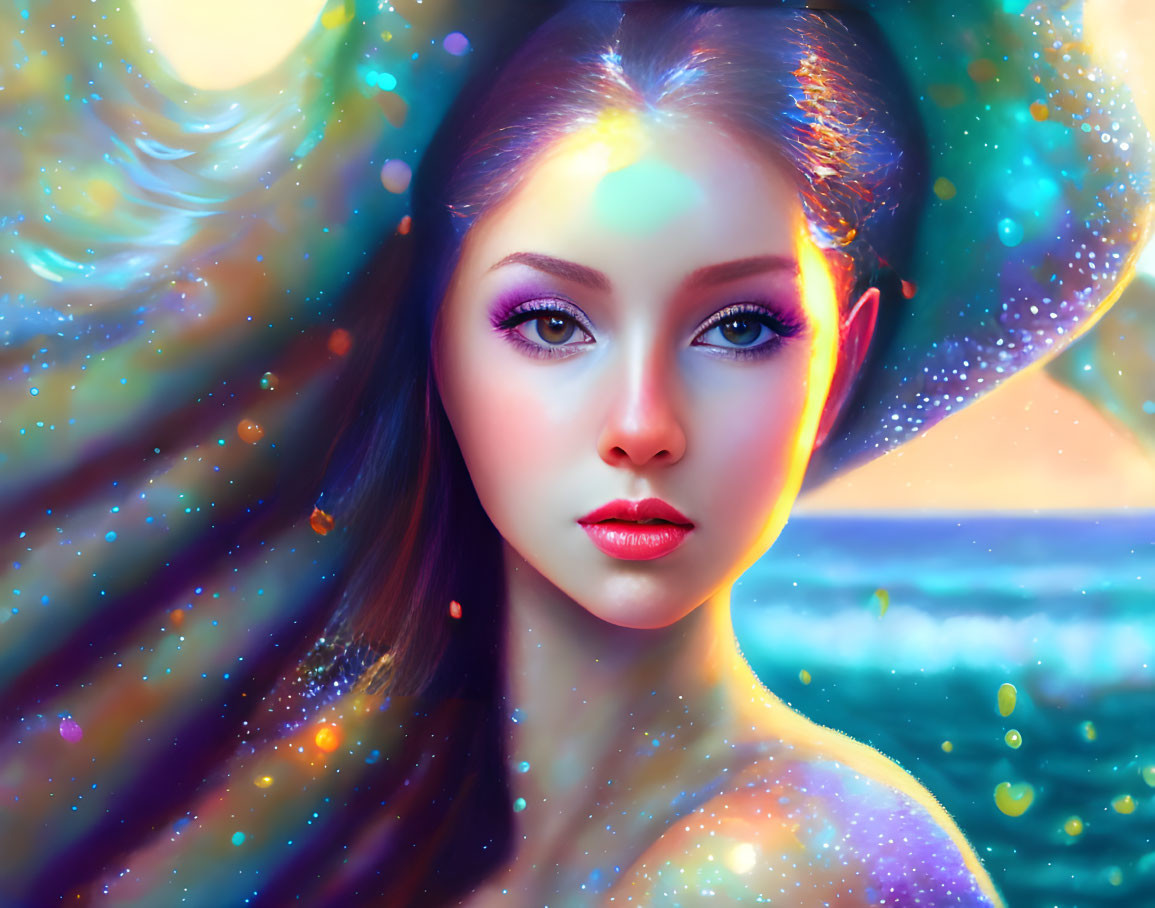 Vibrant digital artwork of a woman with cosmic elements.