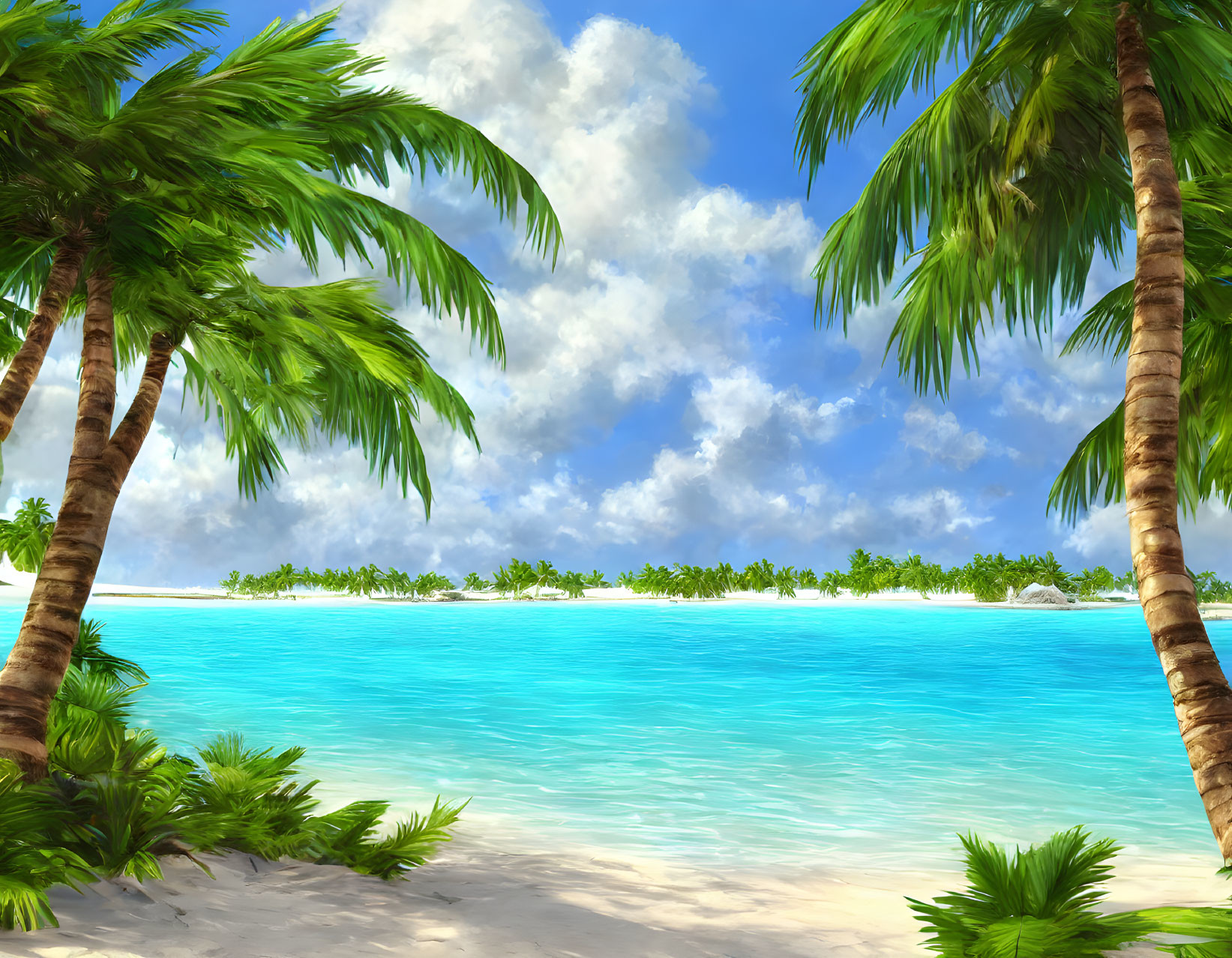 Tropical Beach Scene with Palm Trees and Turquoise Waters