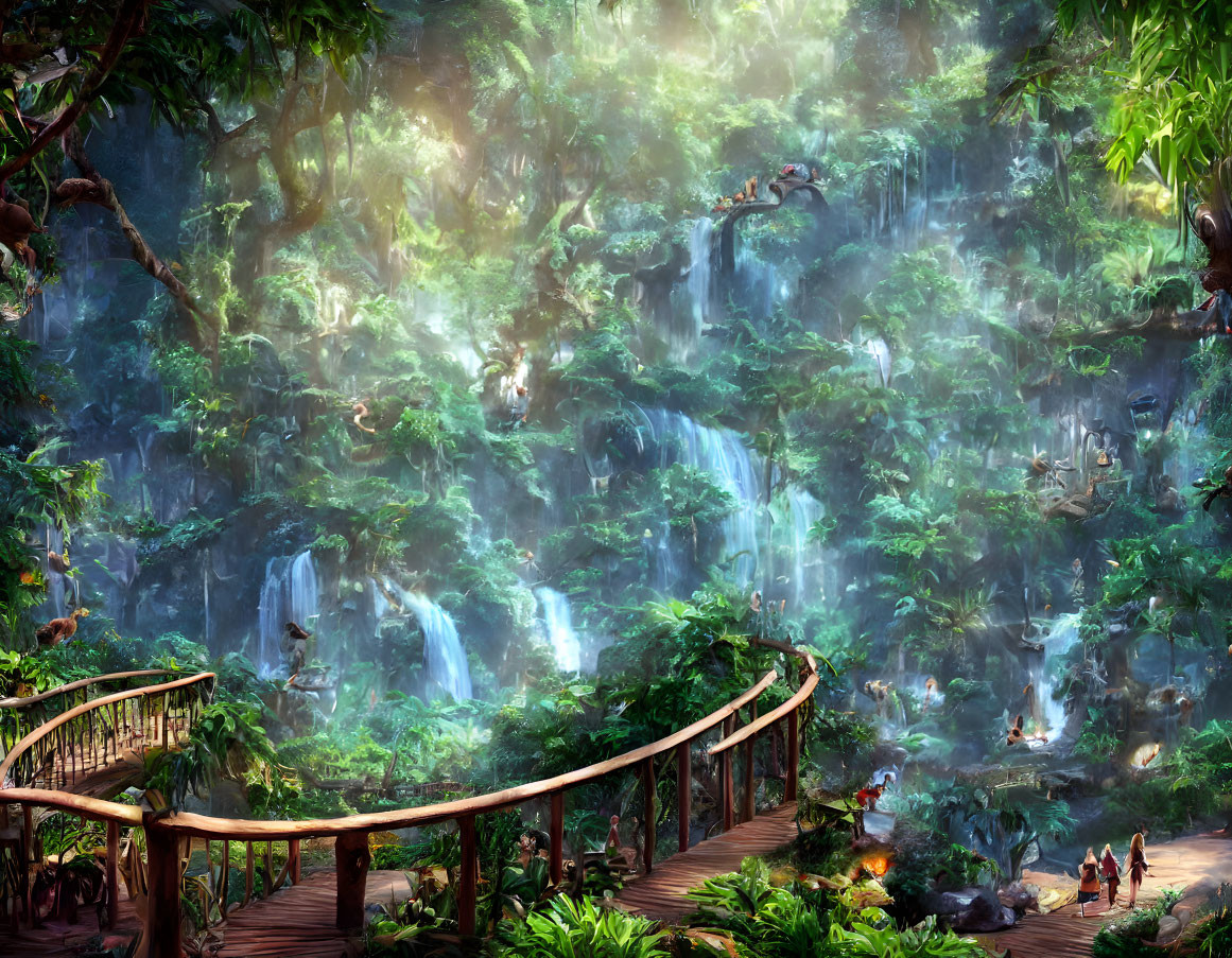 Lush jungle scene with waterfalls, wooden bridge, and small figures