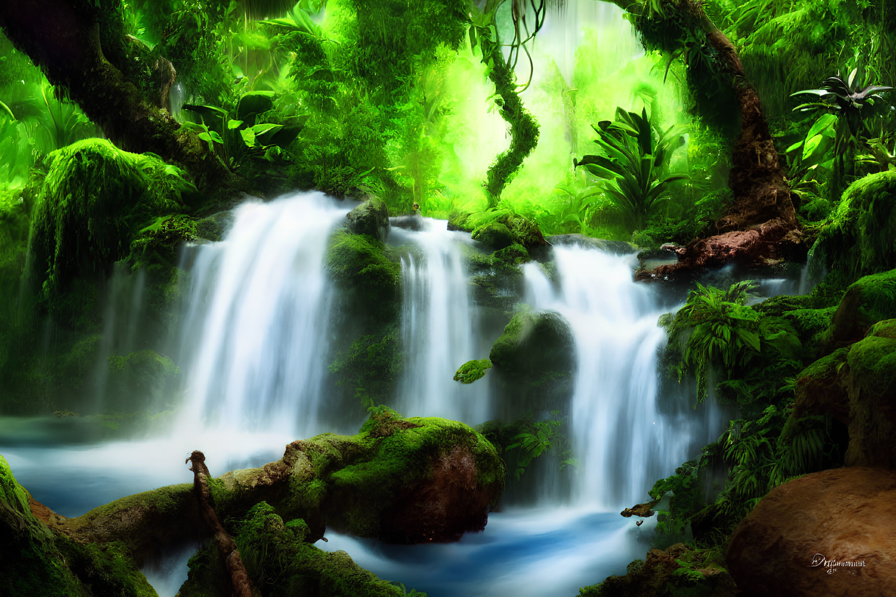 Tranquil forest scene with mossy rocks and waterfall