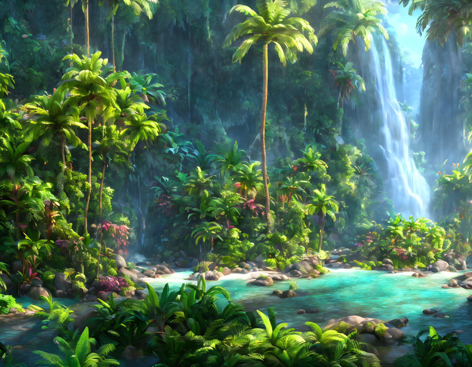 Tropical forest with waterfall and serene pool amid lush greenery