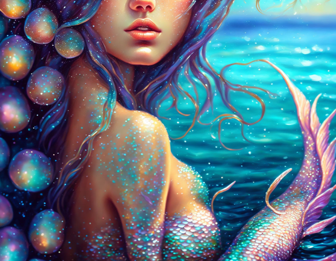 Mermaid with Blue-Purple Hair and Glittering Tail in Ocean Scene