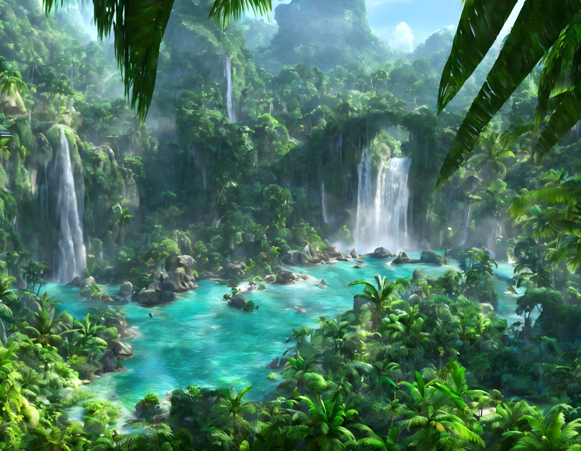 Tropical landscape with waterfalls, green foliage, blue river, and rocks