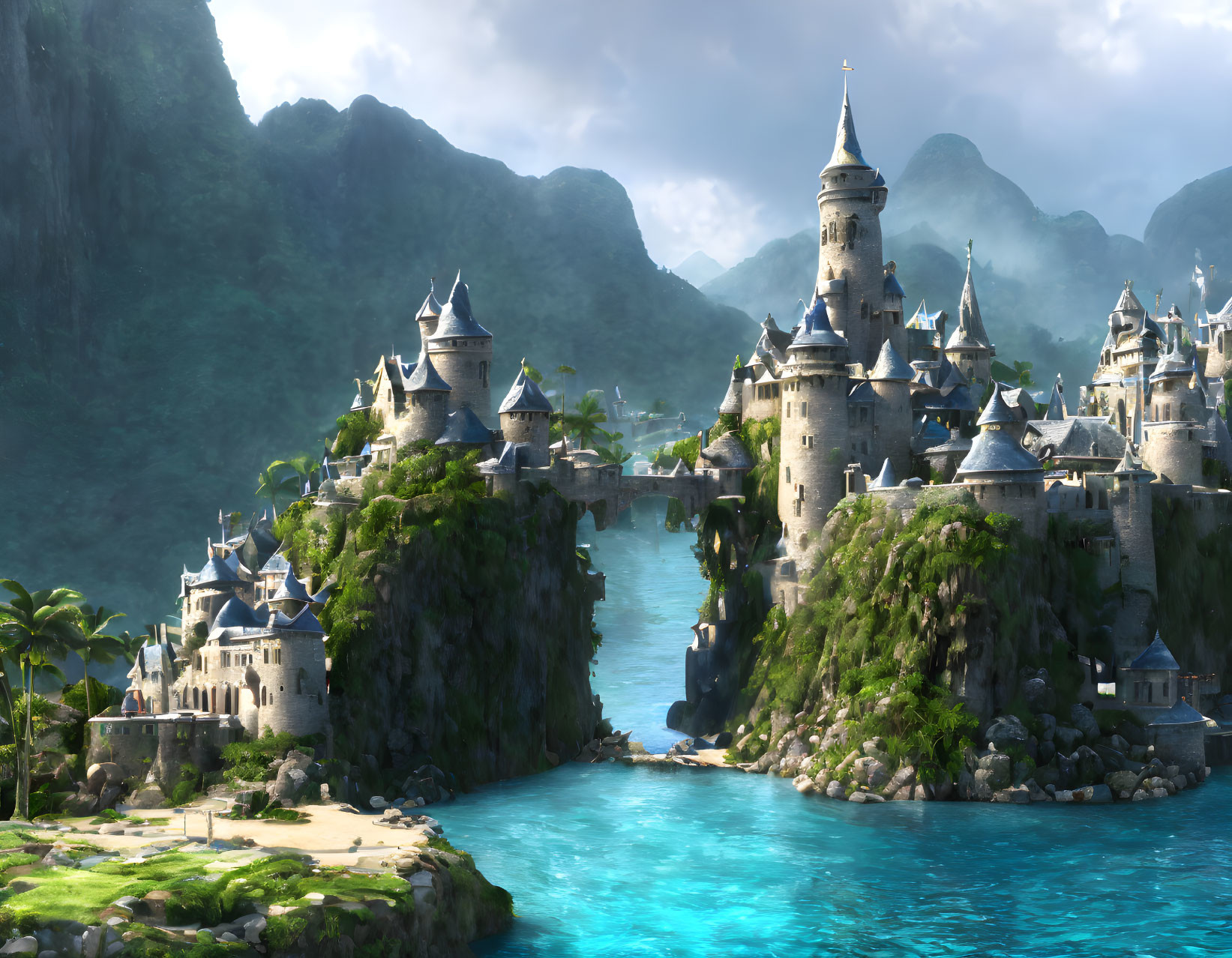 Medieval castle with towers on lush island, stone bridges, blue river, mountains.