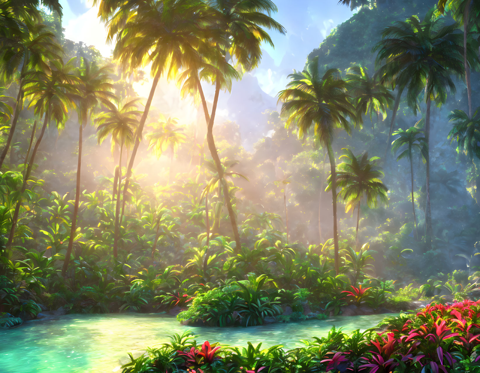 Tropical Forest with Sunlight Filtering Through Palm Trees by Blue Water