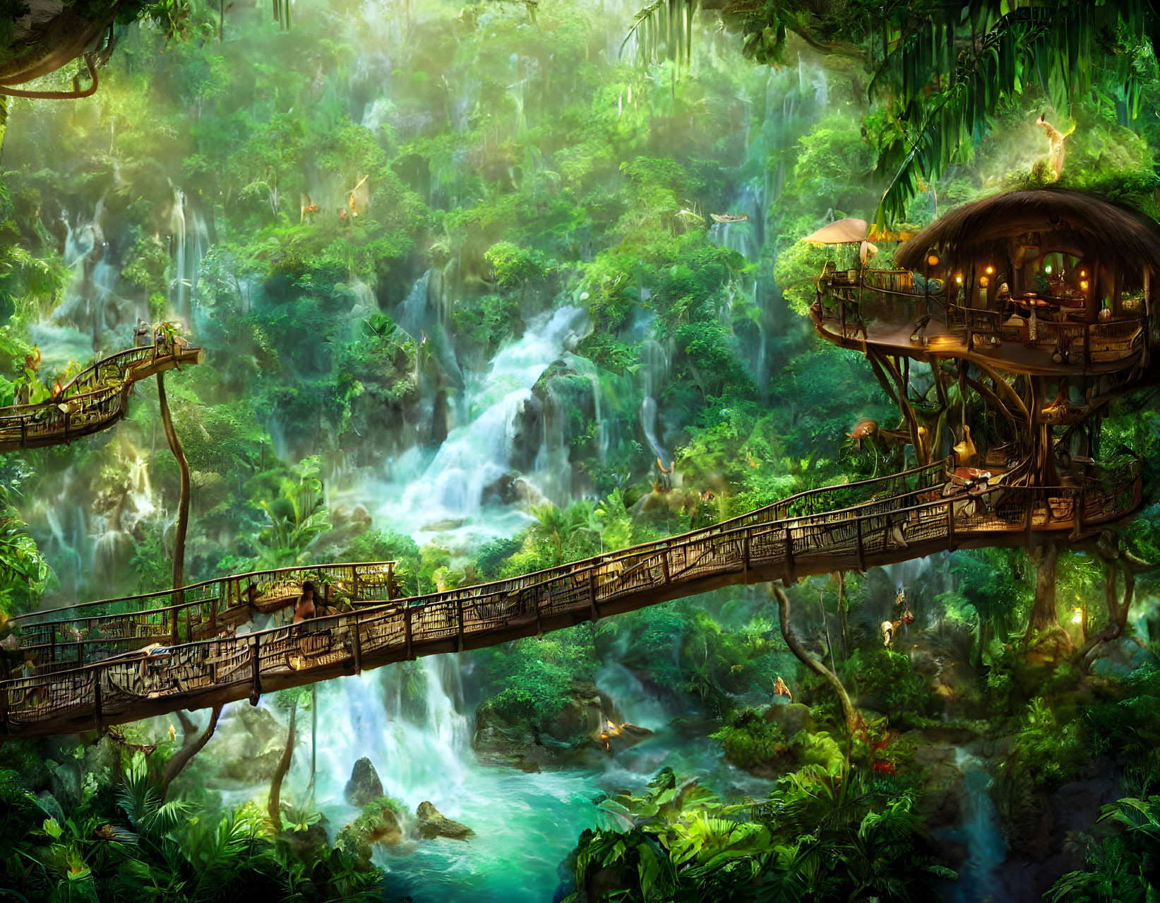 Vibrant Jungle Scene with Waterfalls, Bridges, and Treehouses