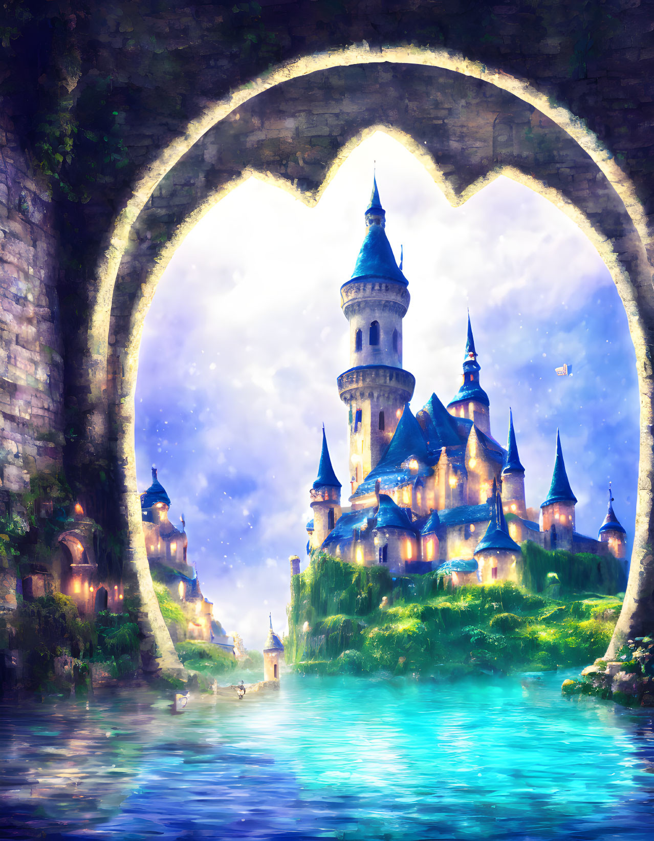 Fantasy castle with spires in lush greenery by blue river