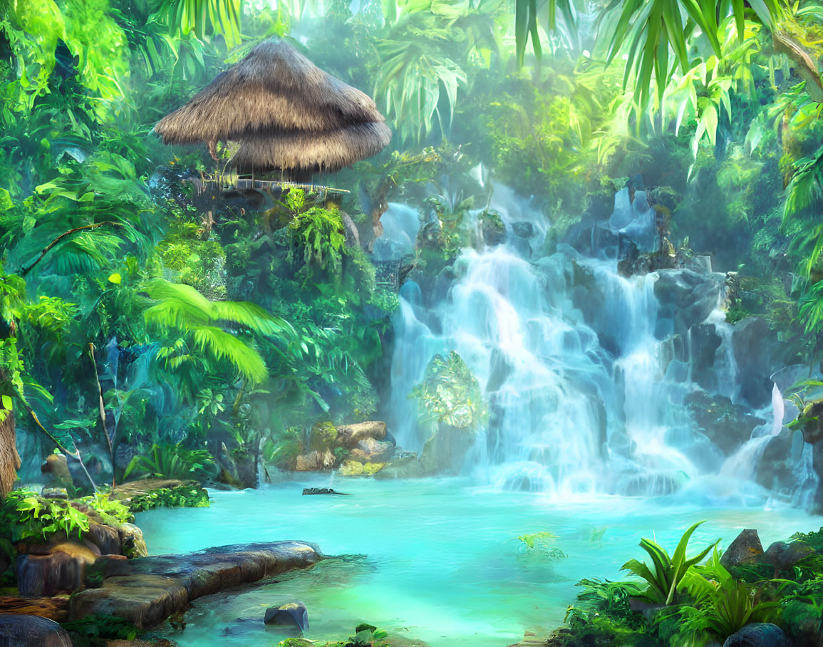 Tropical paradise with thatched hut, waterfall, and lagoon