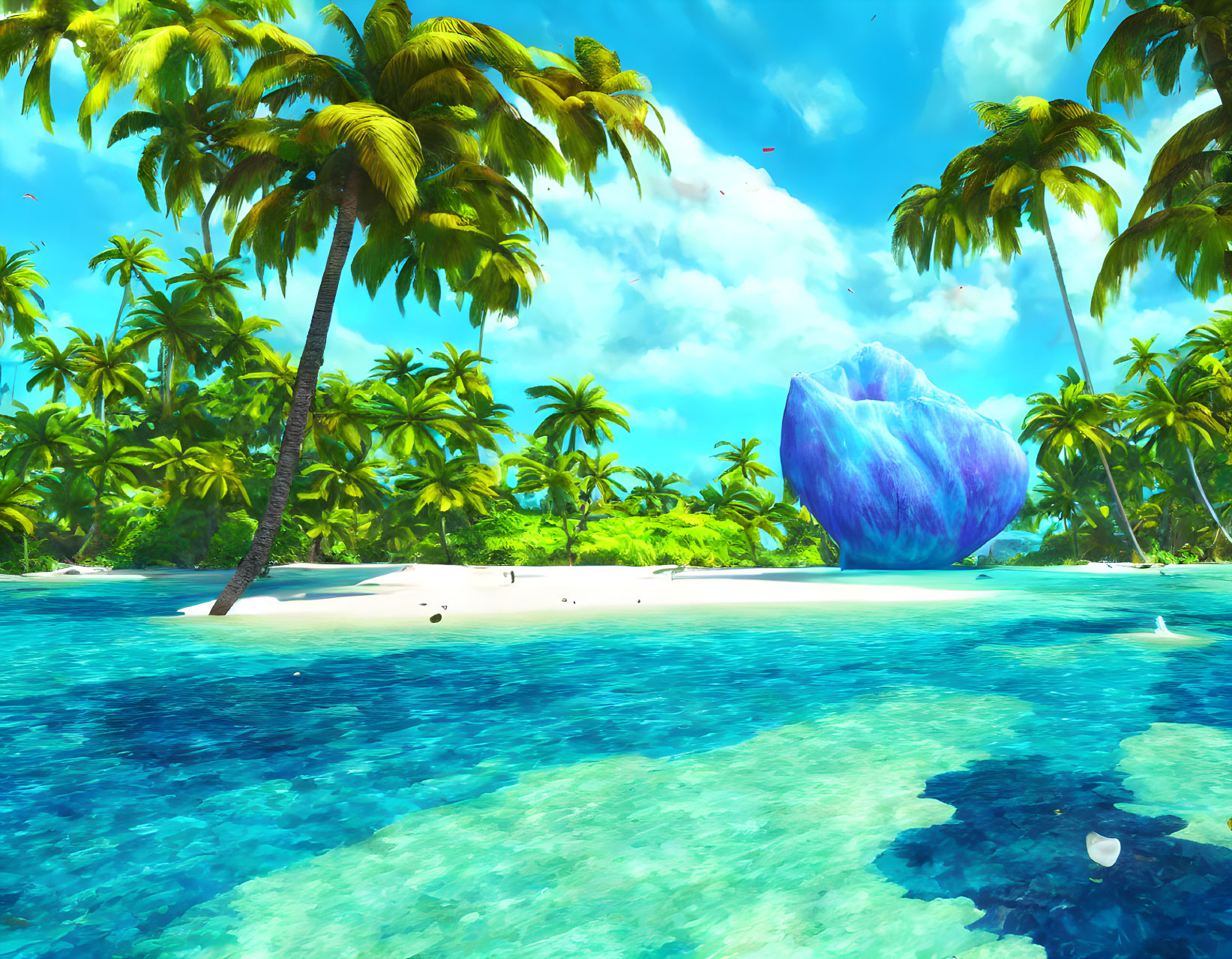 Tropical beach scene with palm trees, crystal, and blue waters