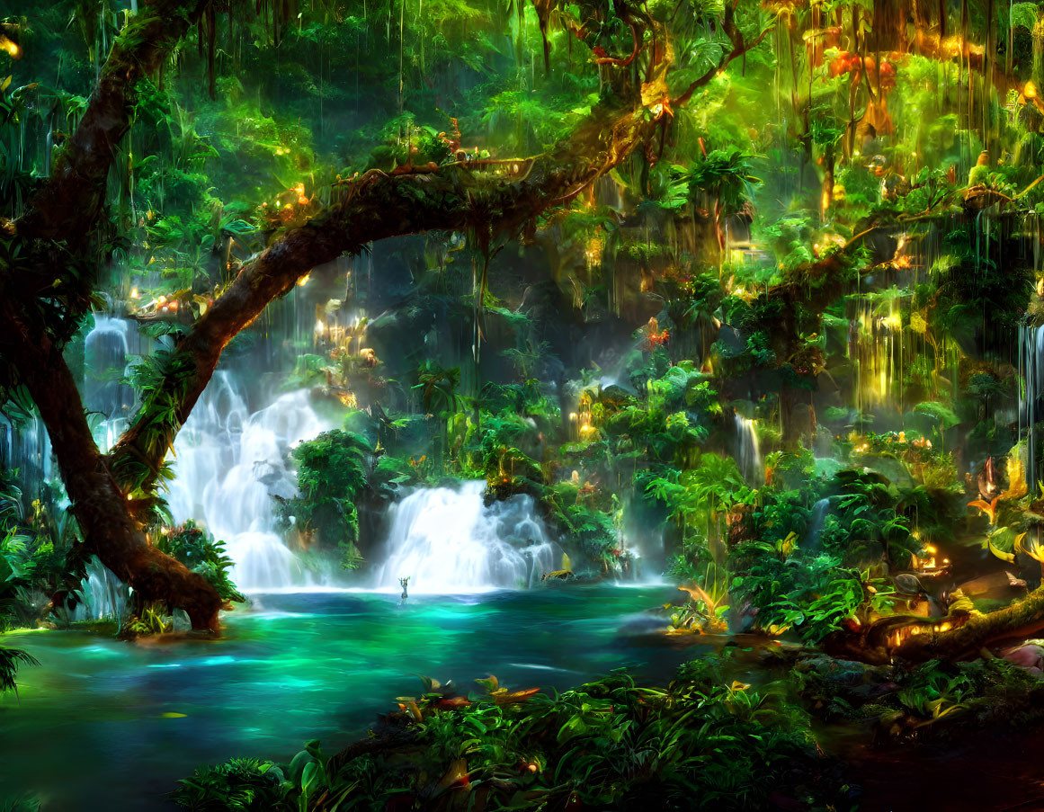 Mystical forest with greenery, waterfalls, lights, and blue pond