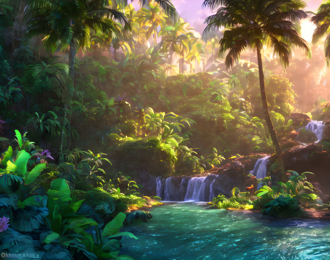 Tranquil Tropical Paradise with Palm Trees, Waterfall, and Turquoise River