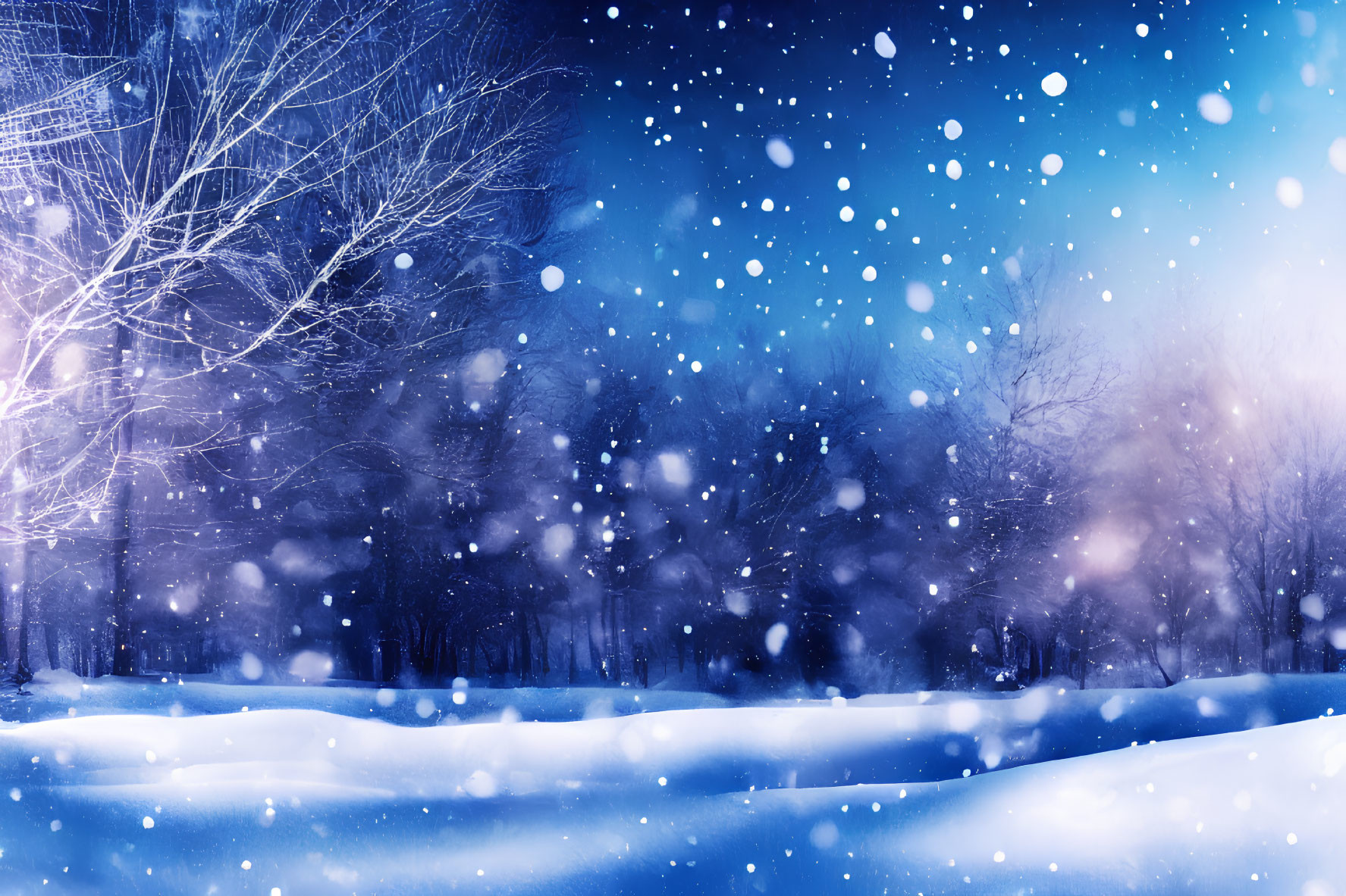 Snowy Winter Twilight Landscape with Falling Snowflakes