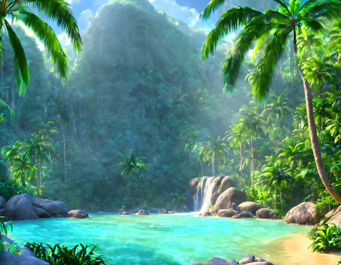 Tropical scene with palm trees, pool, rocks, and waterfall