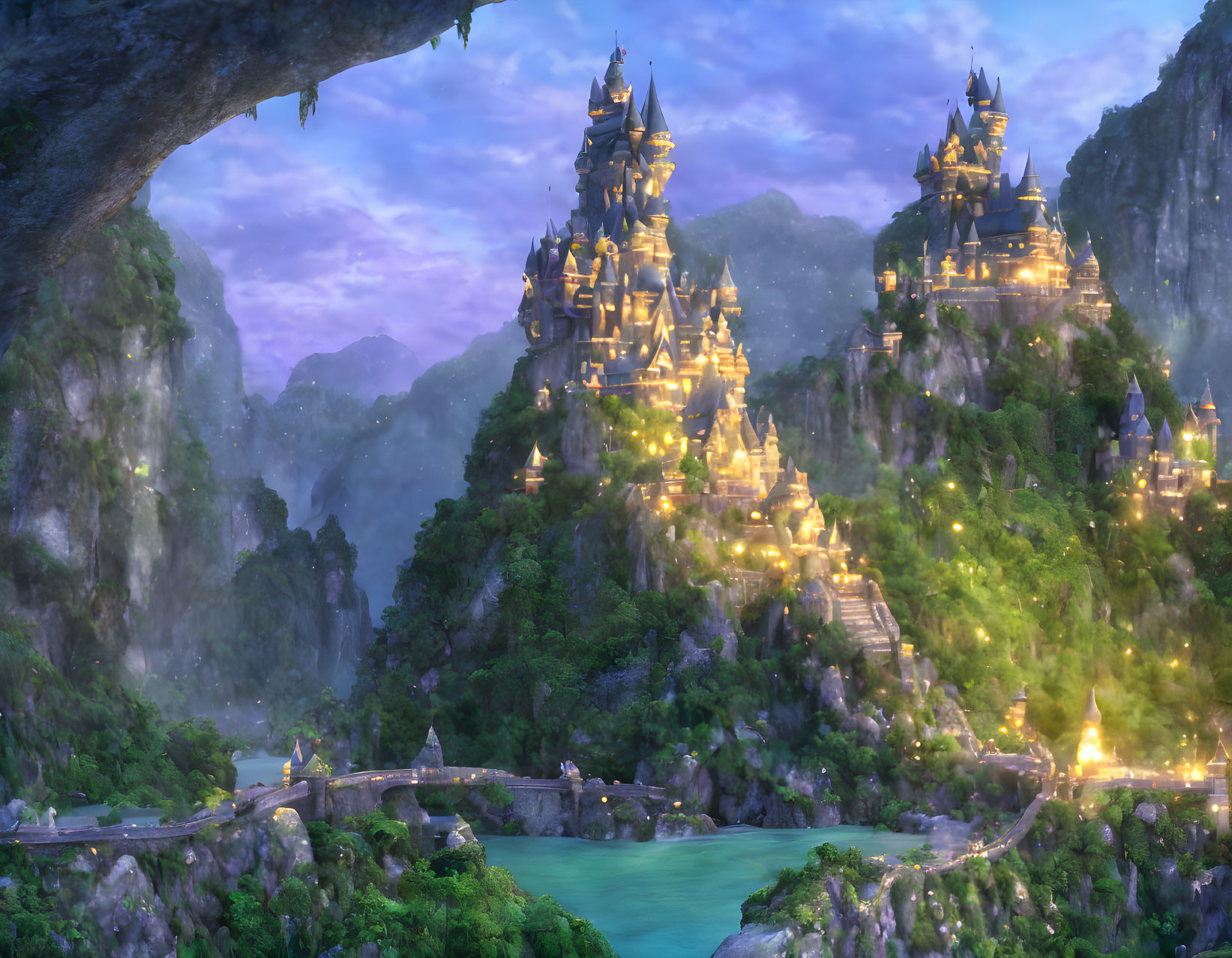 Enchanted landscape with illuminated castles on cliffs and stone bridges over lake at twilight