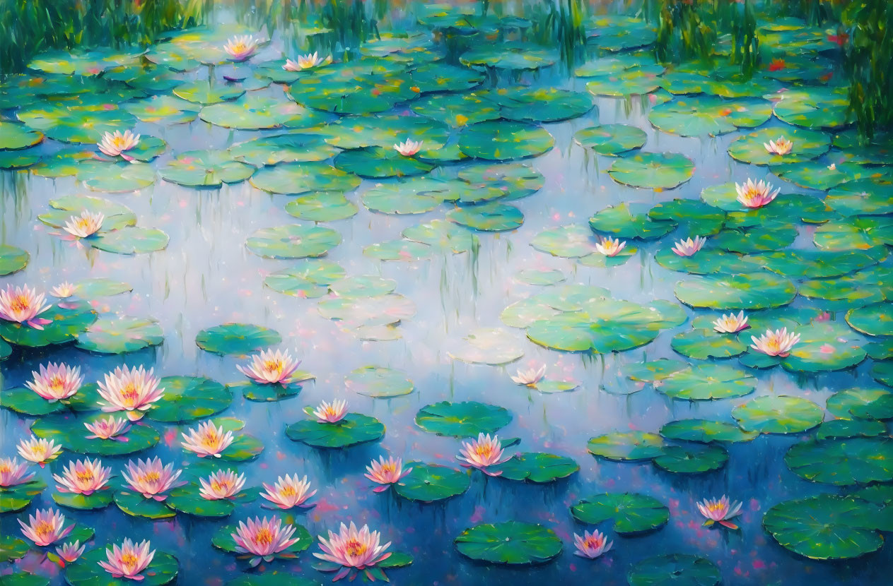 Tranquil pond with green lily pads and pink water lilies.