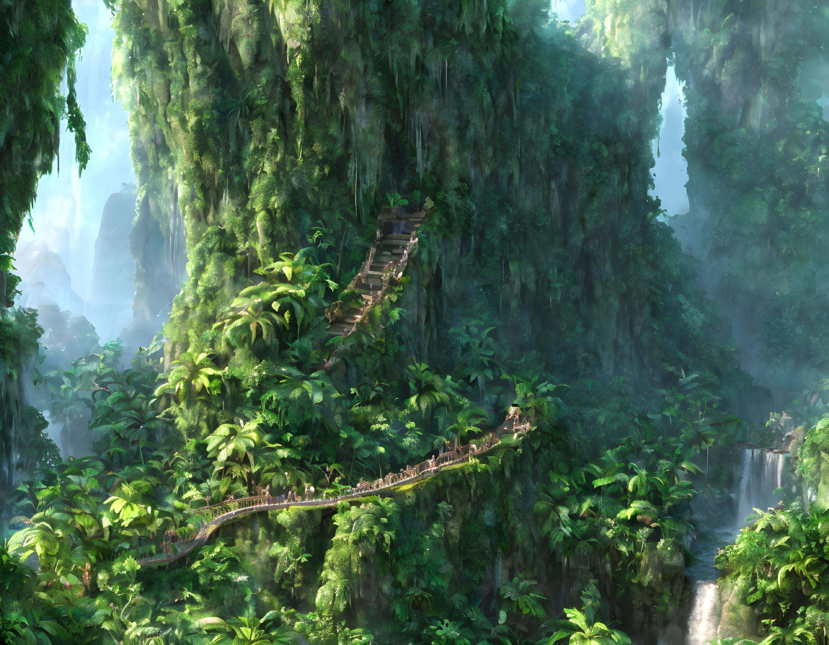 Misty jungle scene with rope bridge and waterfall