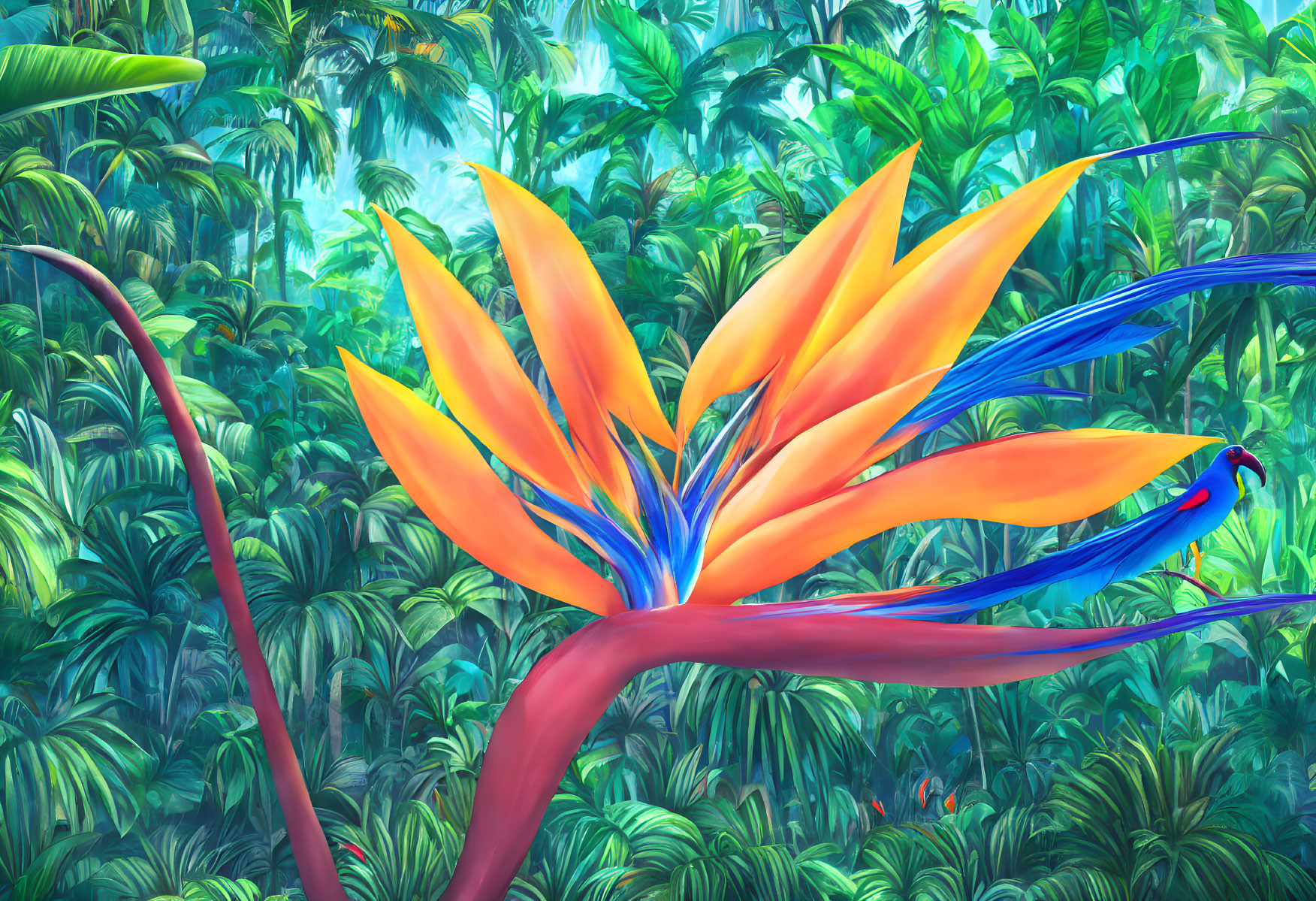 Colorful digital artwork: Orange Bird of Paradise flower & blue hummingbird in lush jungle