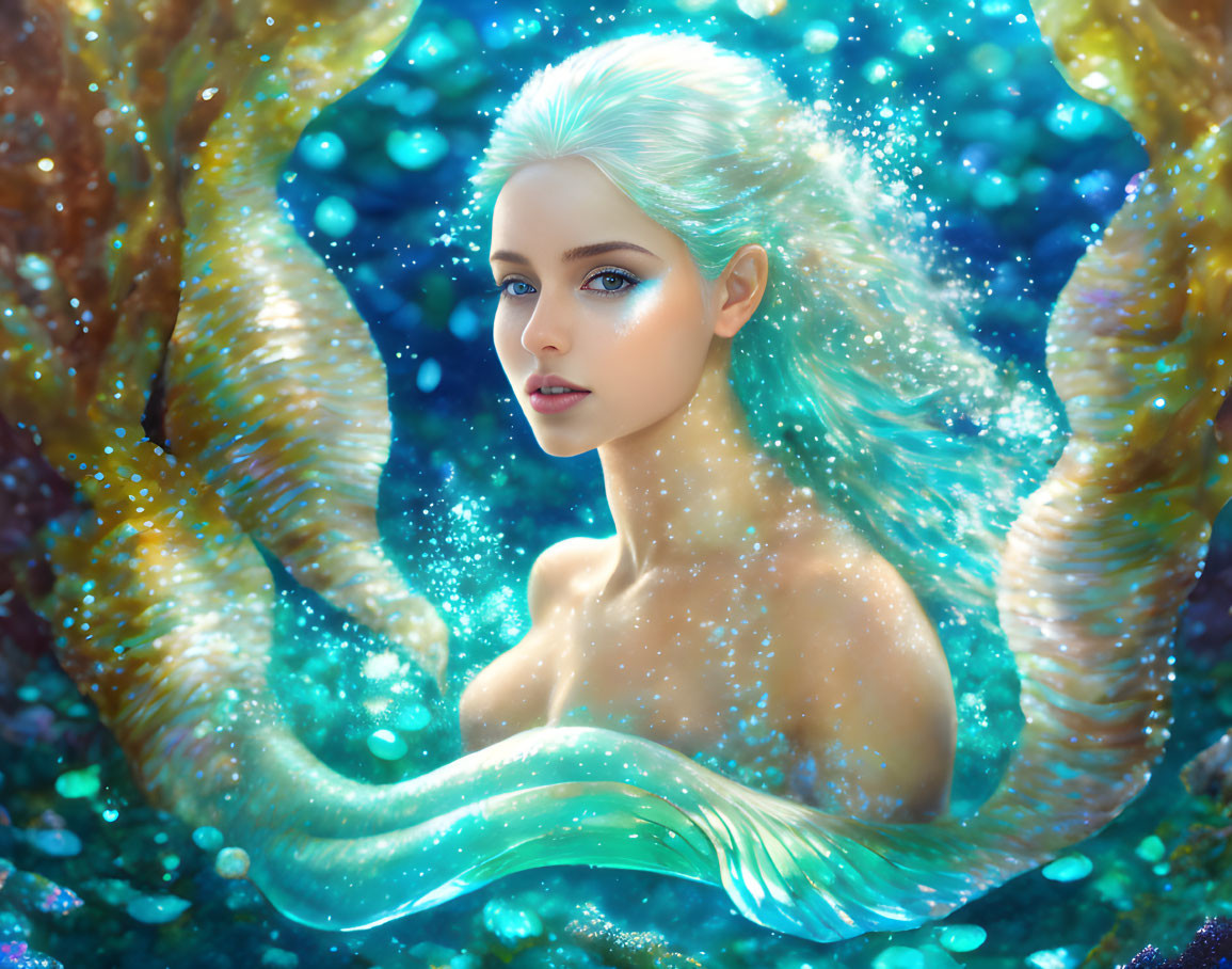 Mermaid with Blue Hair in Enchanting Underwater Scene