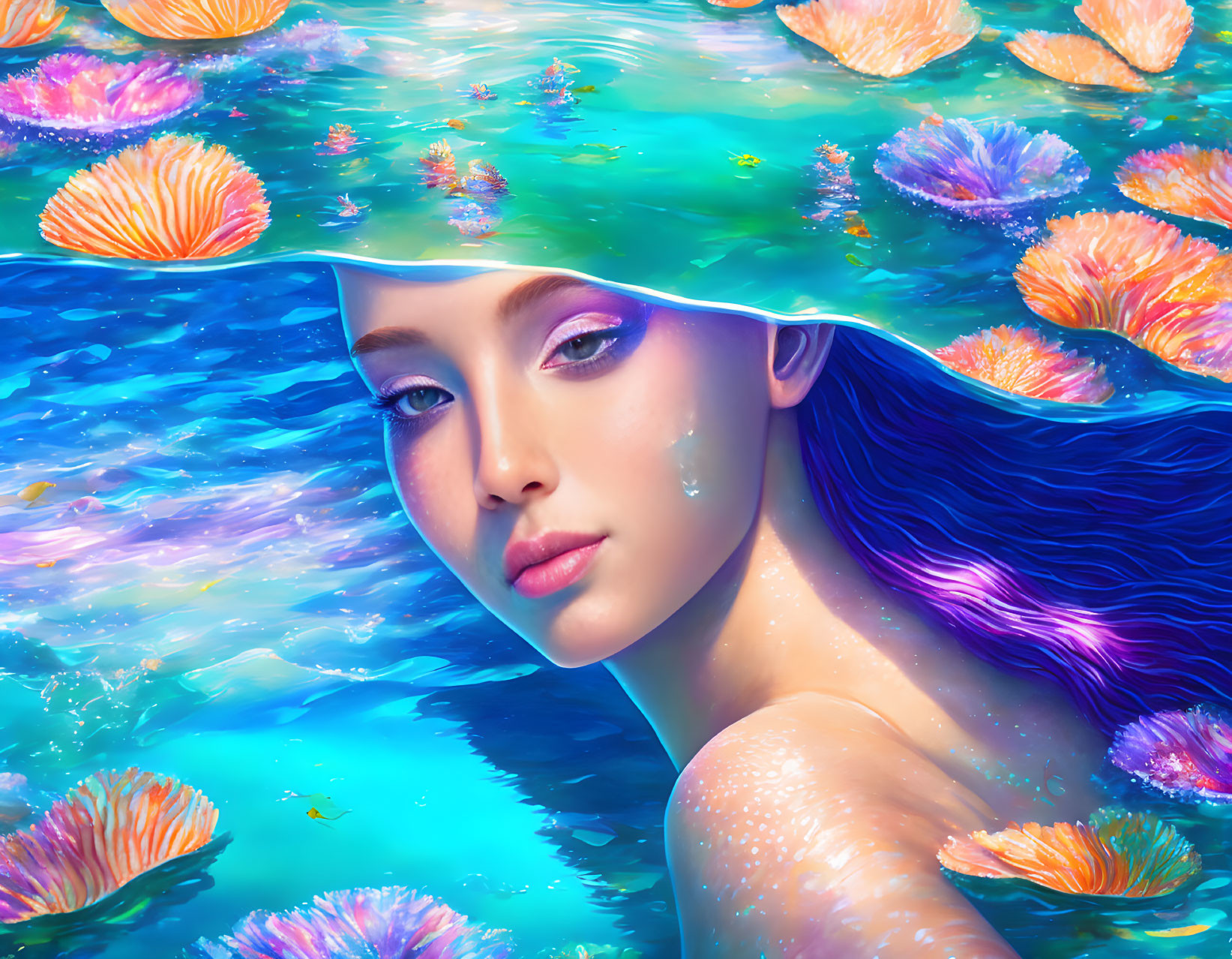 Digital artwork features woman in water with purple hair and water lilies