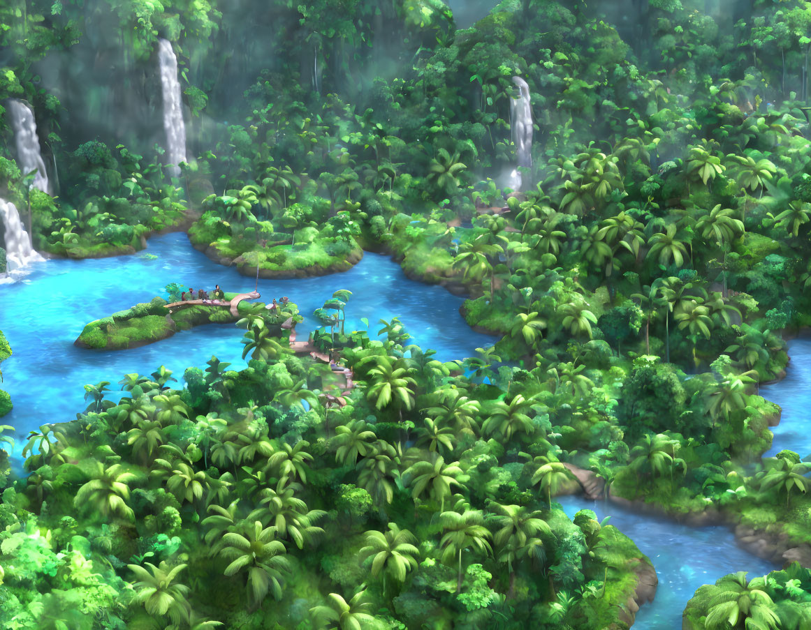 Tropical Forest with Waterfalls, Blue Waterways, and Gazebo