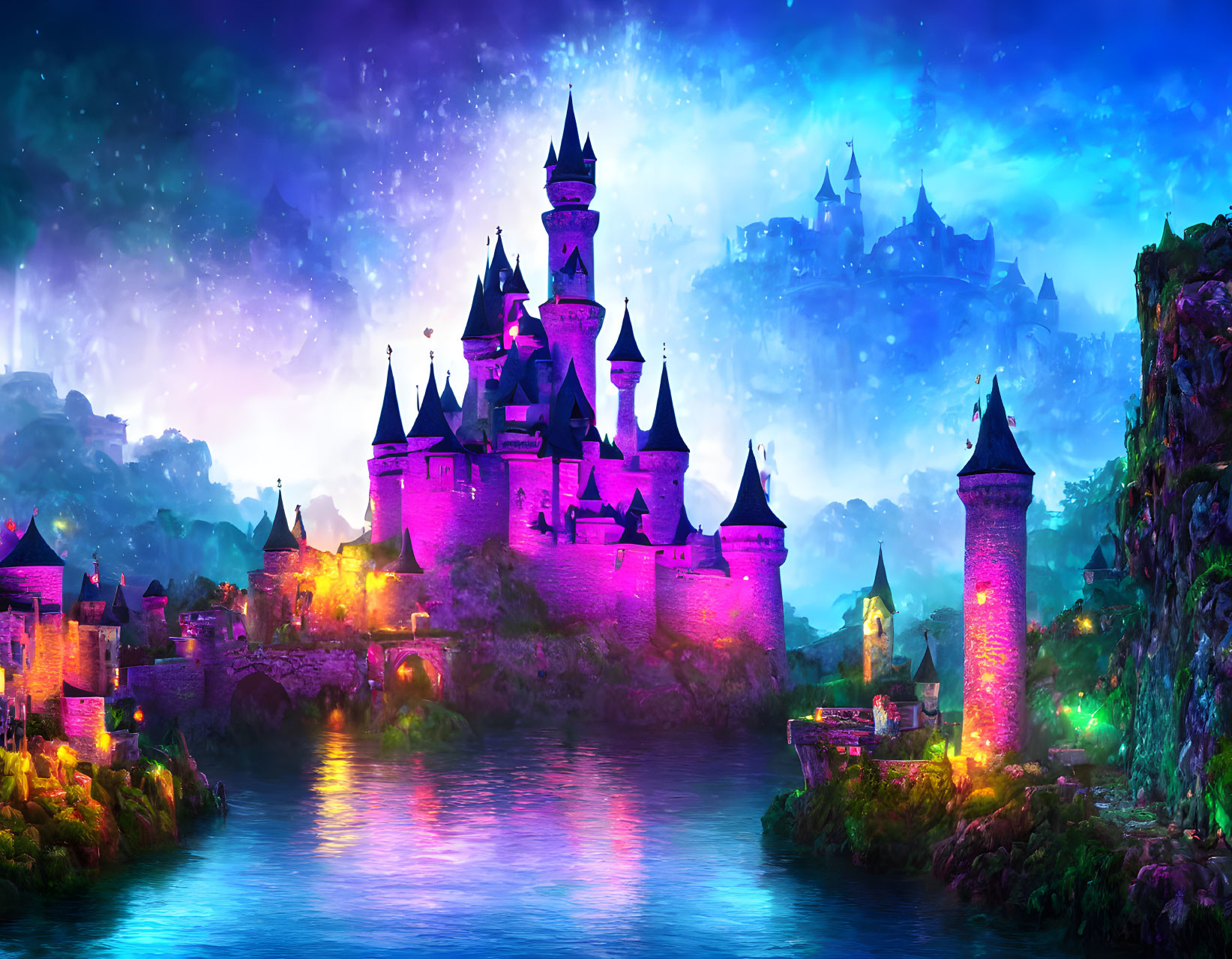 Fantasy castle scene with vibrant colors and starry night sky.