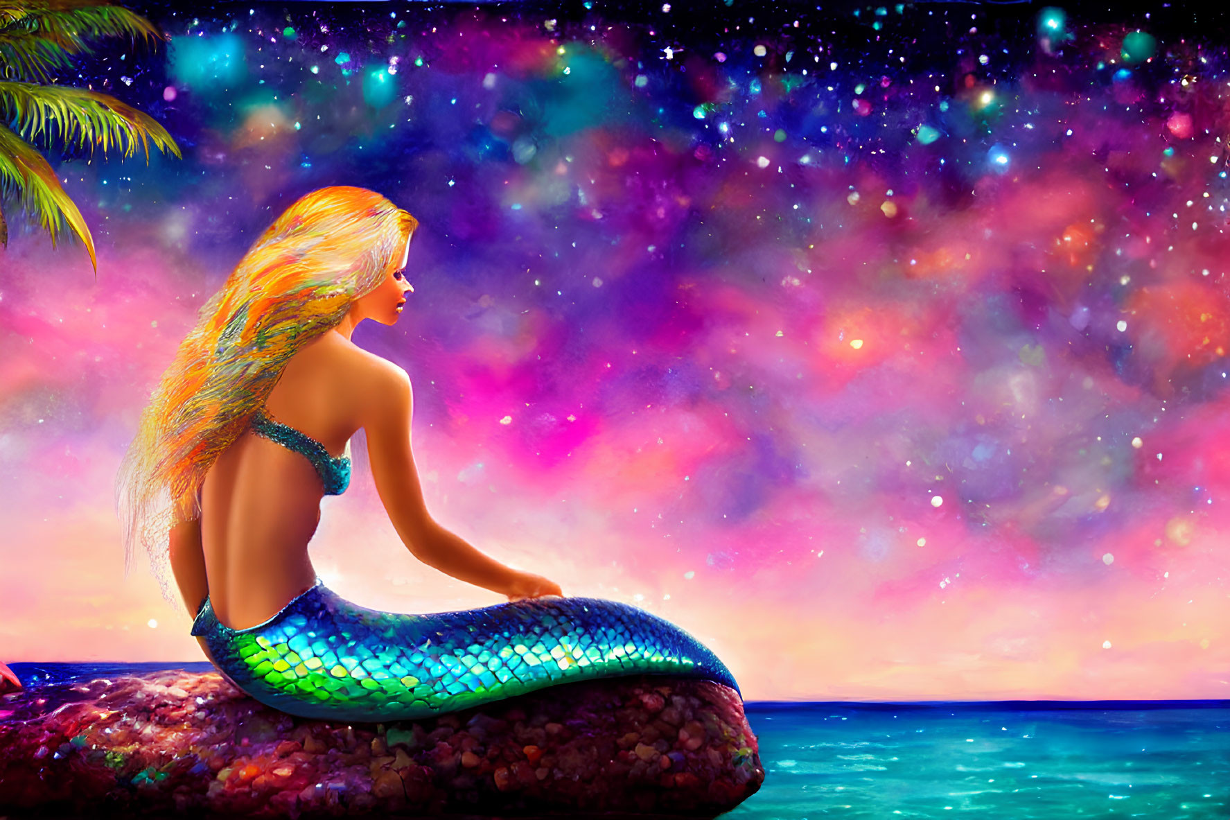 Vibrant mermaid illustration with blonde hair on rock by starry sea