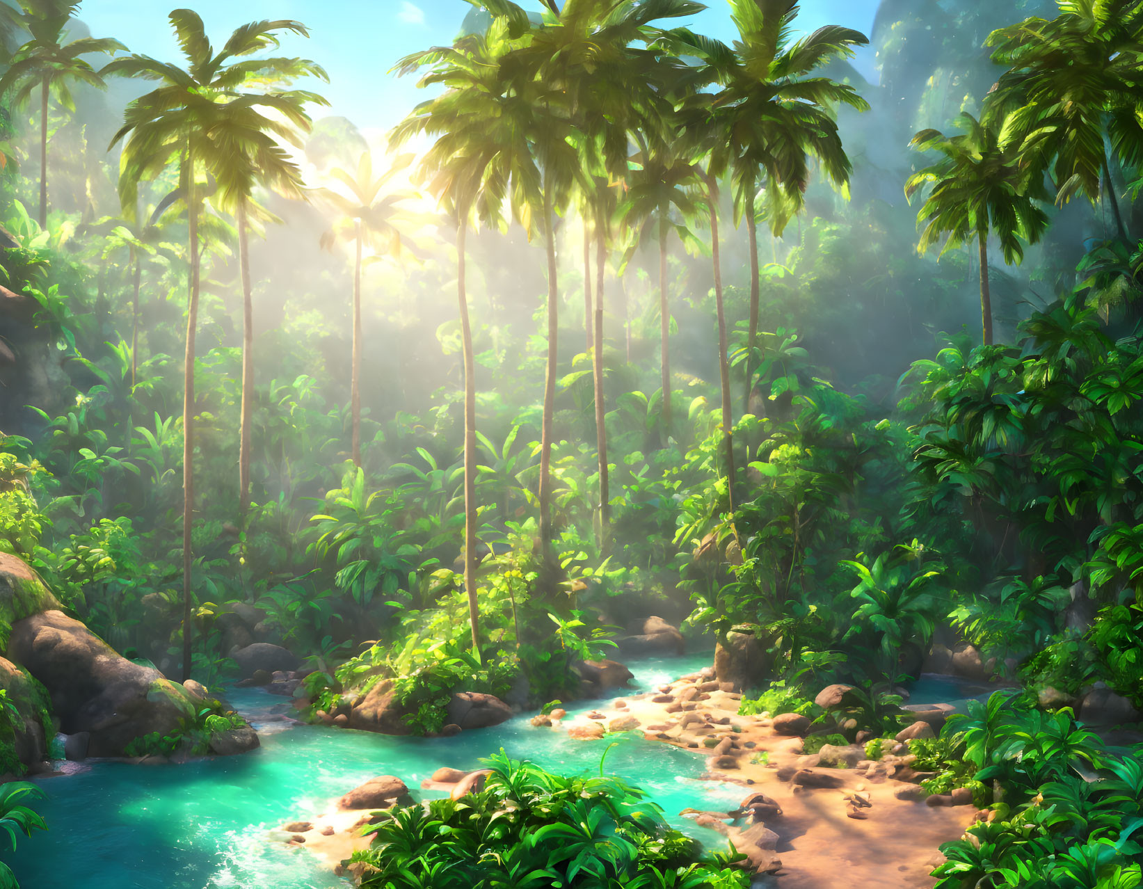 Tranquil Tropical Forest Scene with Sunlight and Stream