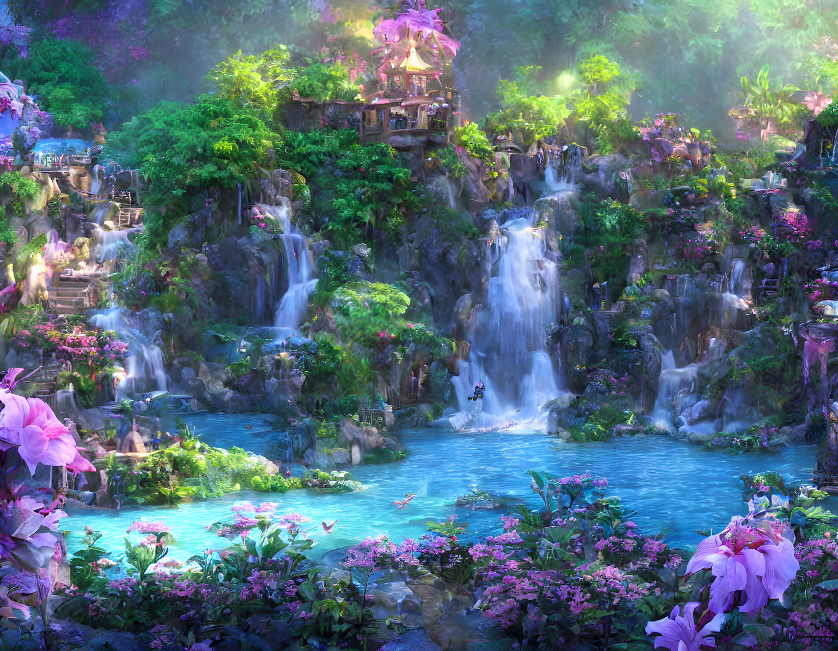 Fantasy garden with waterfalls, pond, treehouse, lush flora & blooming flowers