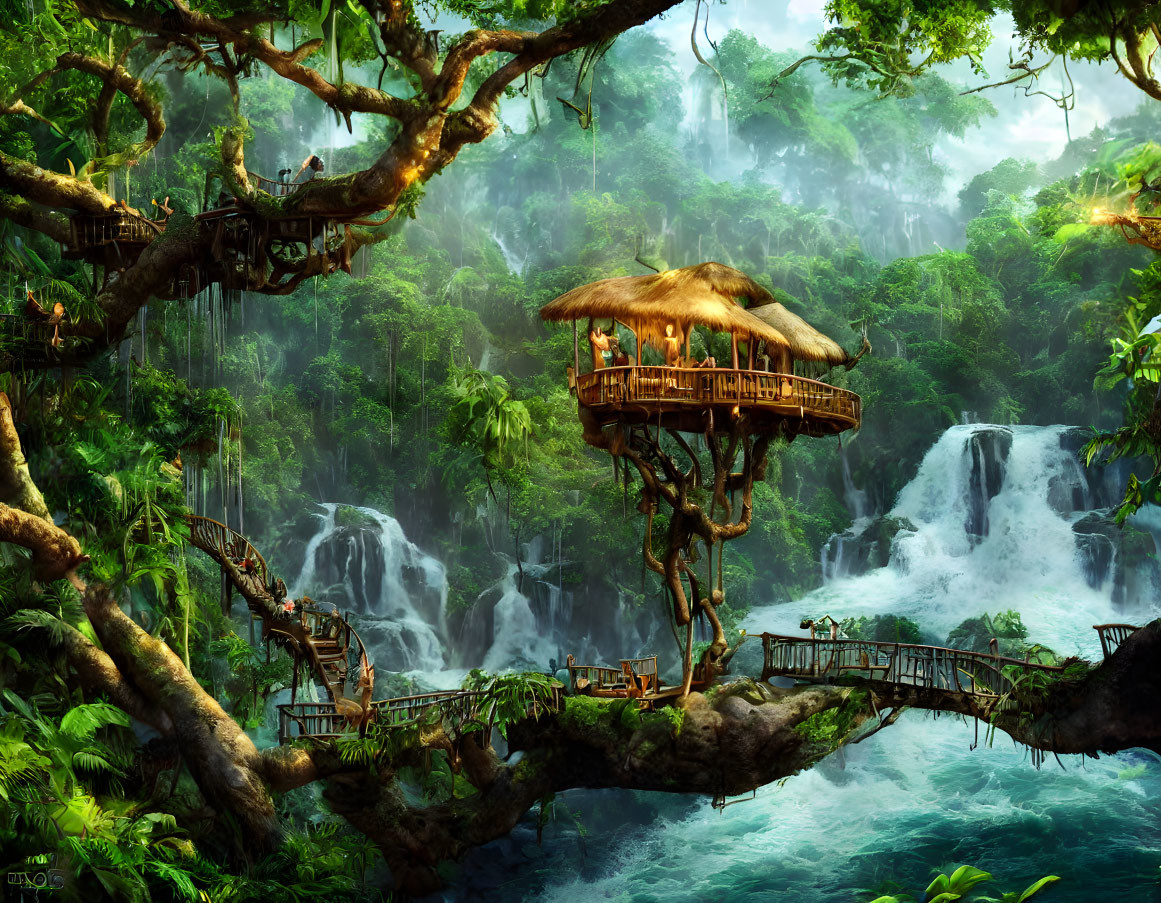 Tranquil forest scene with treehouse, bridges, waterfalls & greenery