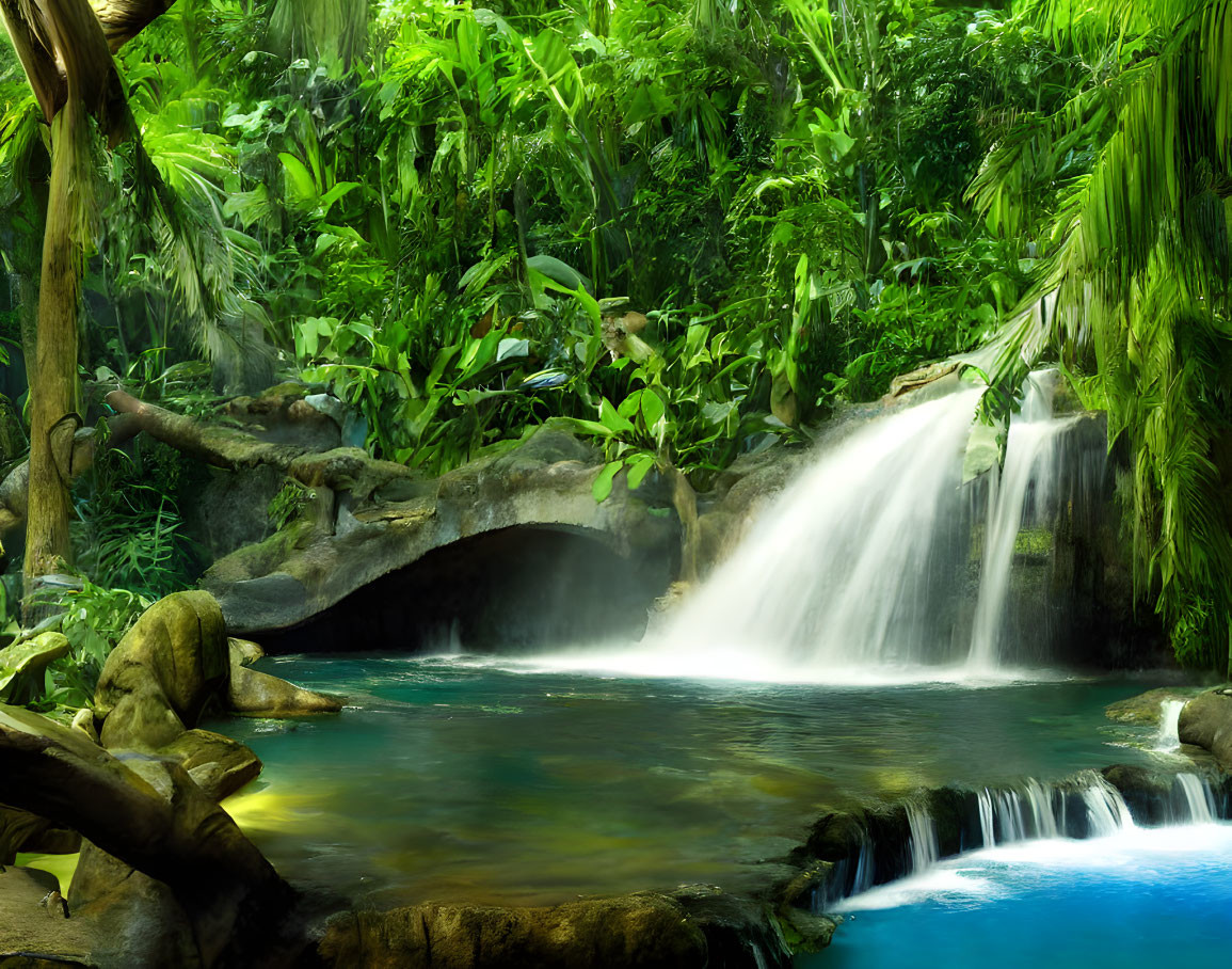 Serene tropical forest waterfall with blue pool and lush greenery