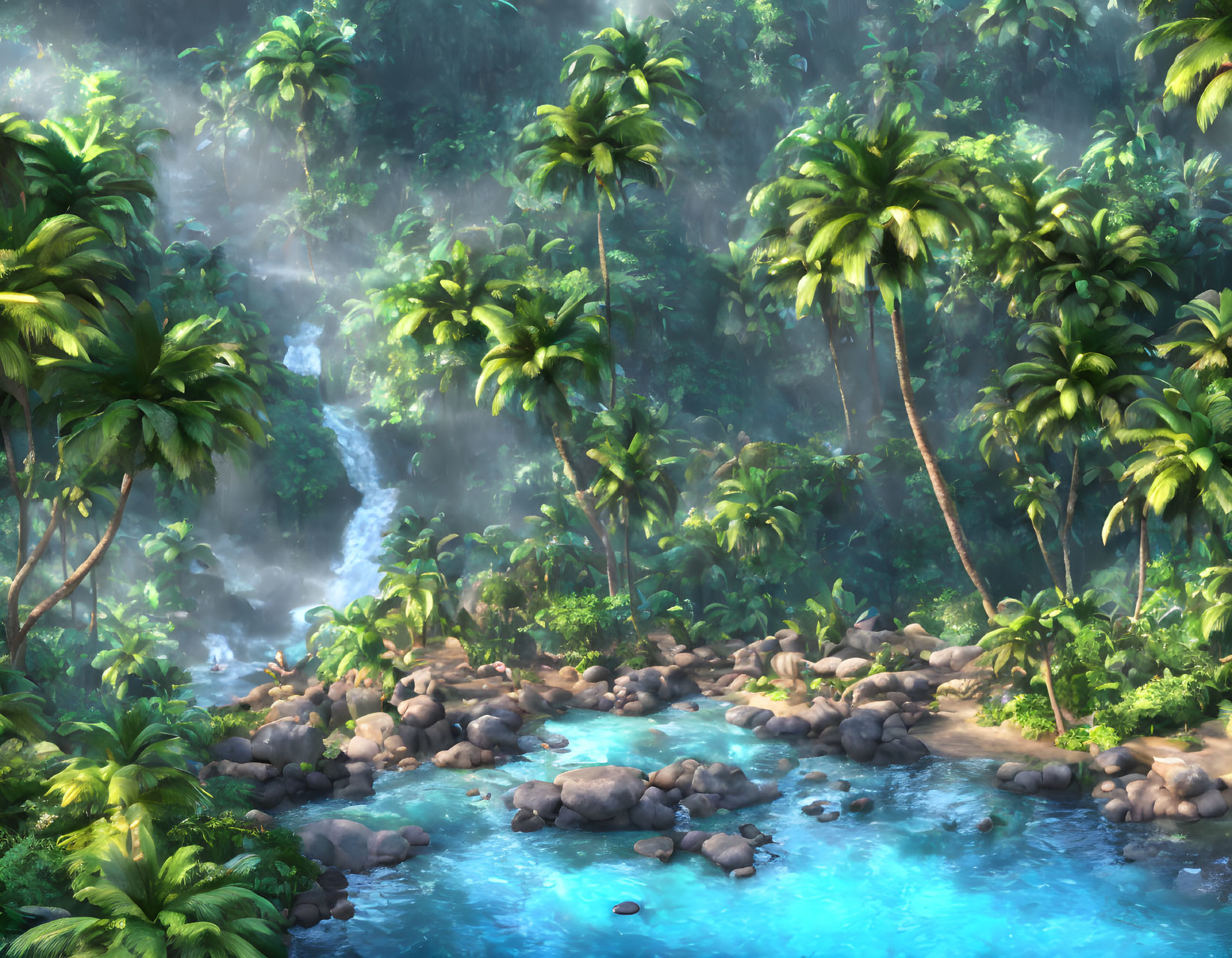 Tranquil Tropical Jungle with Waterfall and Blue Pool