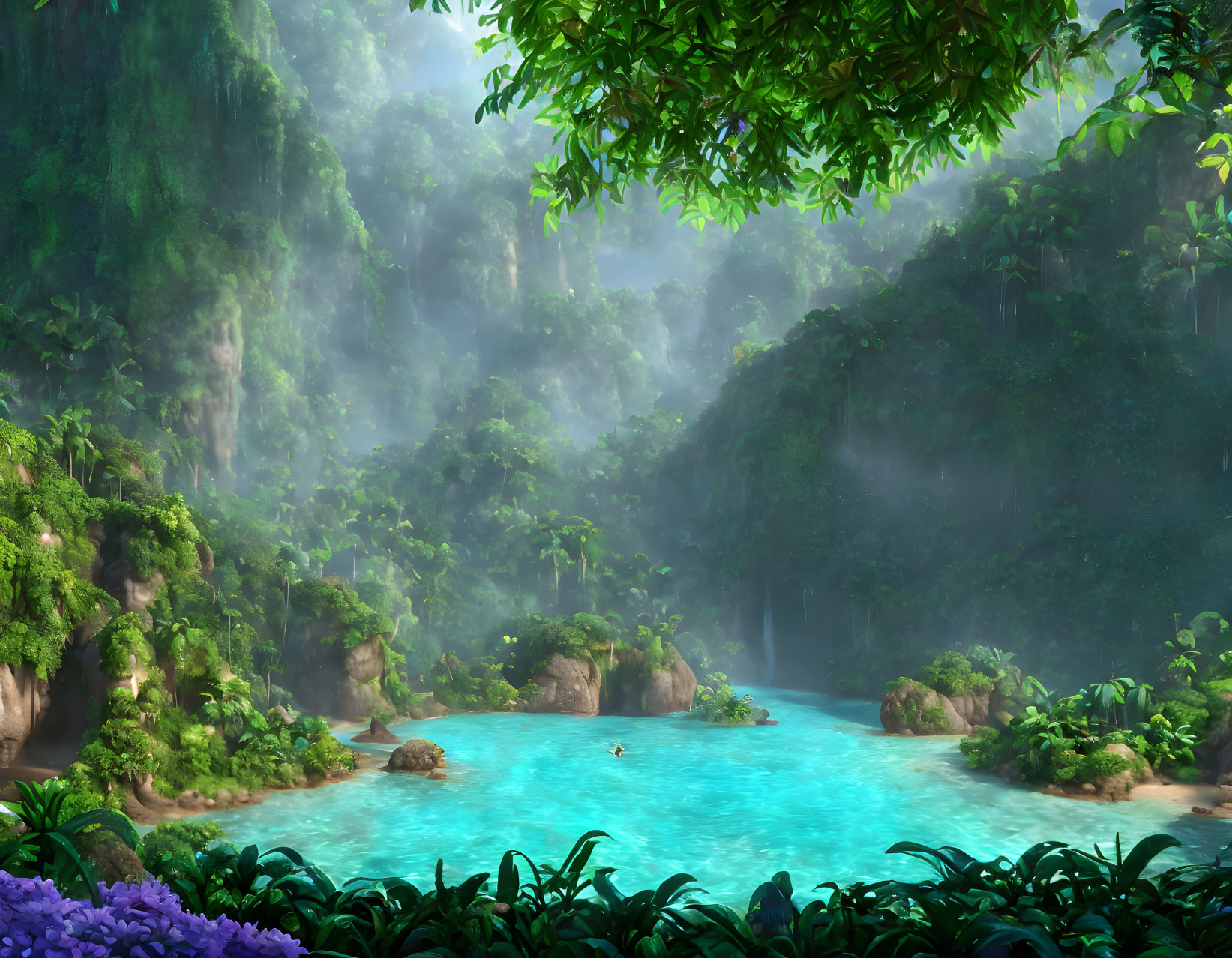 Lush Greenery, Misty Waterfalls, and Blue Waterway in Tropical Paradise