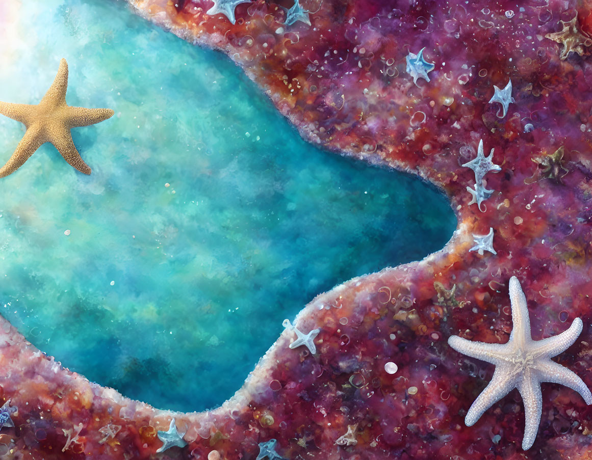 Whimsical underwater scene with starfish and colorful geode-like ocean floor