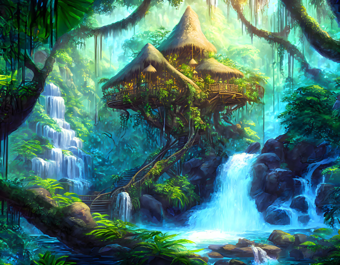 Thatched roof treehouse above jungle waterfall