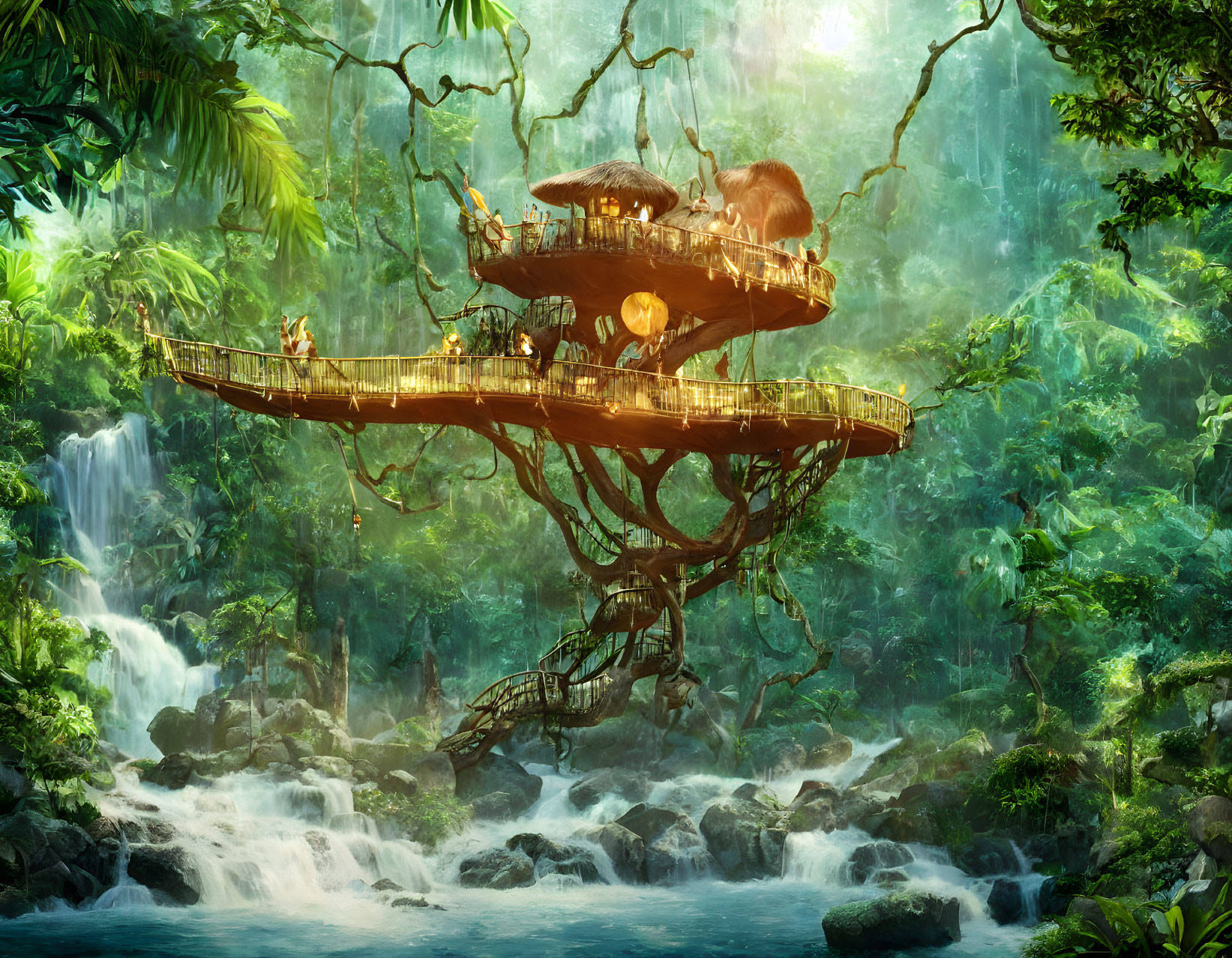 Enchanting treehouse with winding staircases in lush jungle