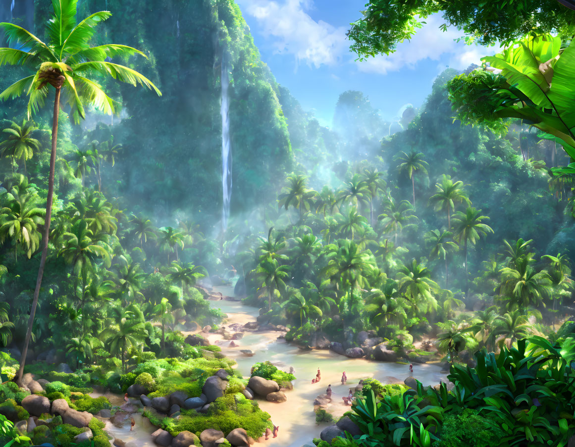 Tropical Jungle Waterfall with Palm Trees and People