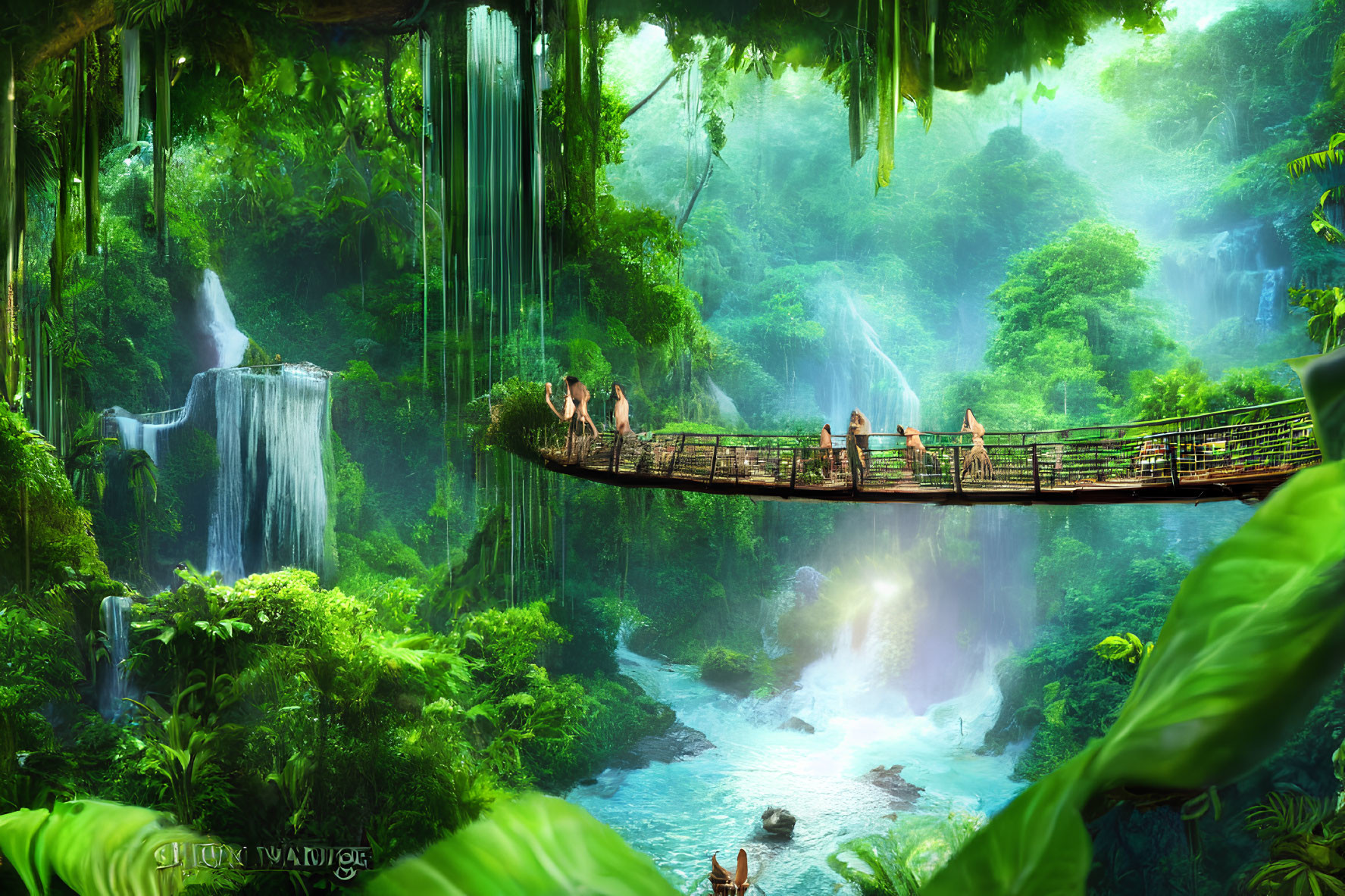 People crossing rope bridge in lush green jungle with waterfalls