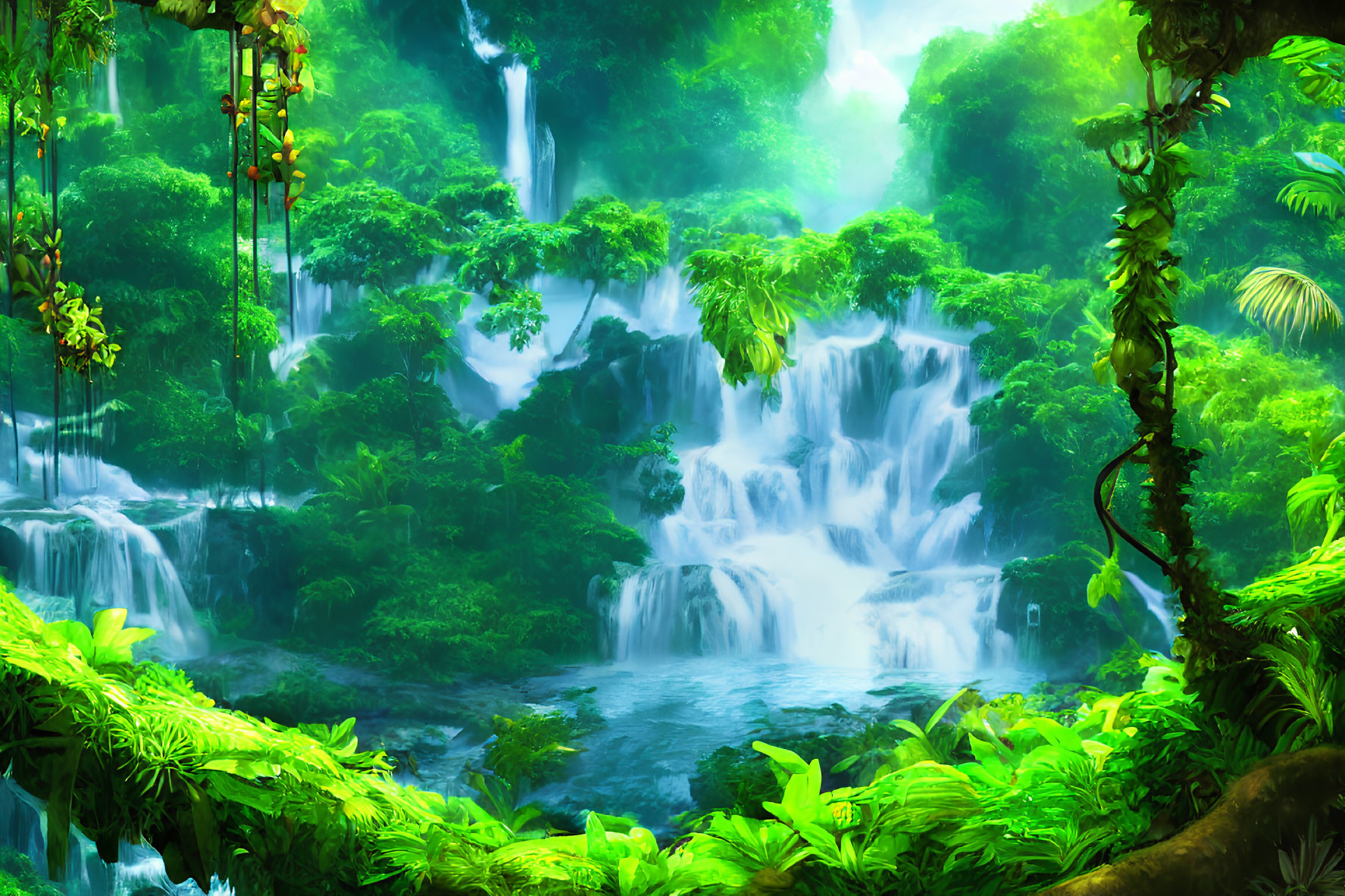 Tropical Forest with Cascading Waterfalls and Vibrant Flora